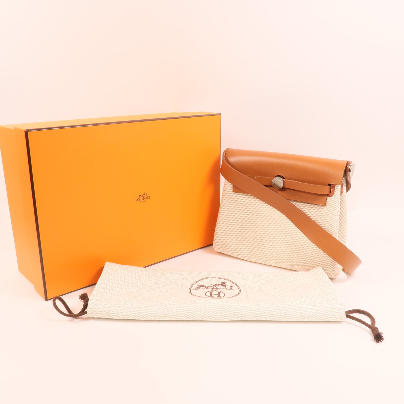 HERMES Toile H帆布Mini Herbag銀扣肩背袋Beige/Fauve