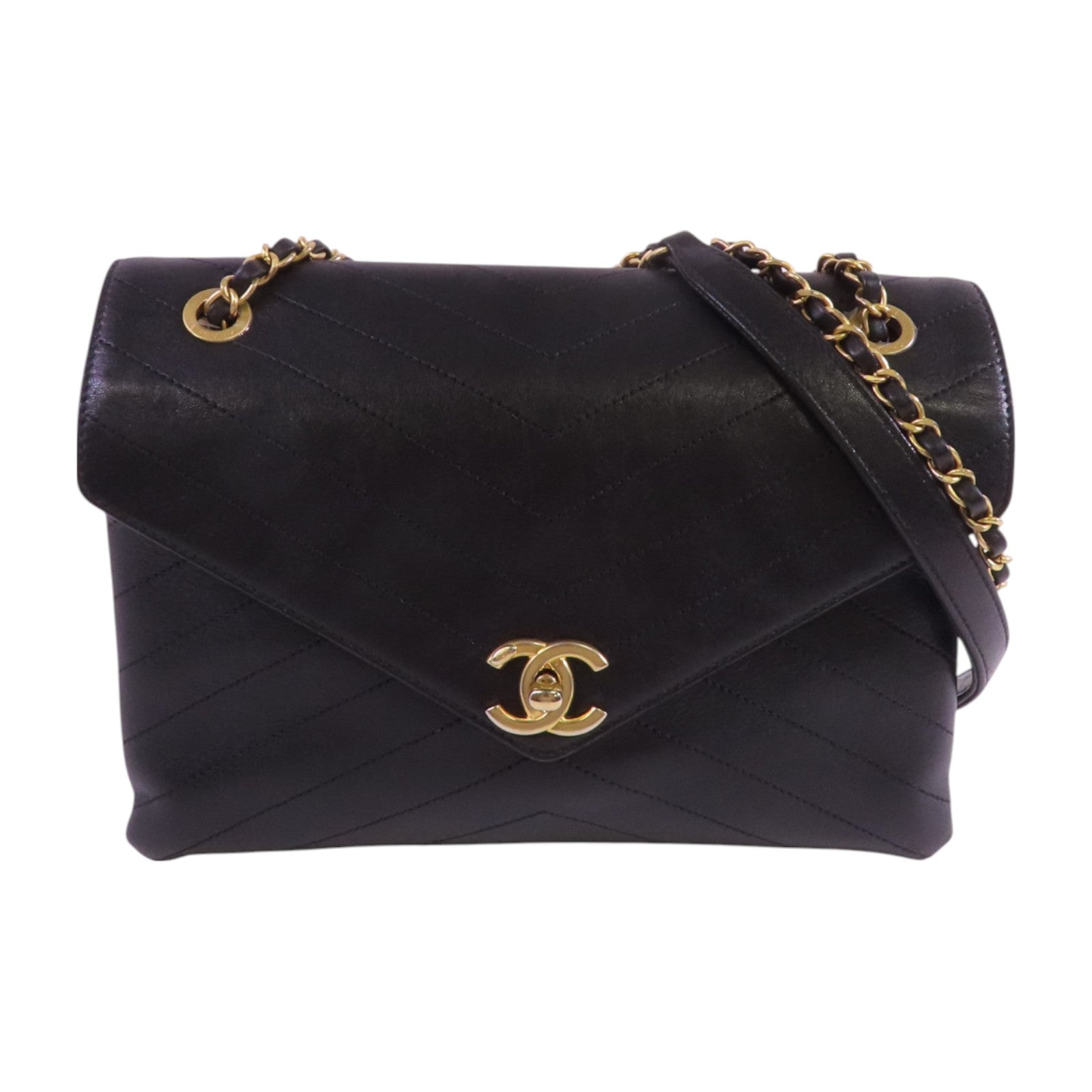CHANEL 牛皮皮革Chevron金扣鏈帶肩背袋