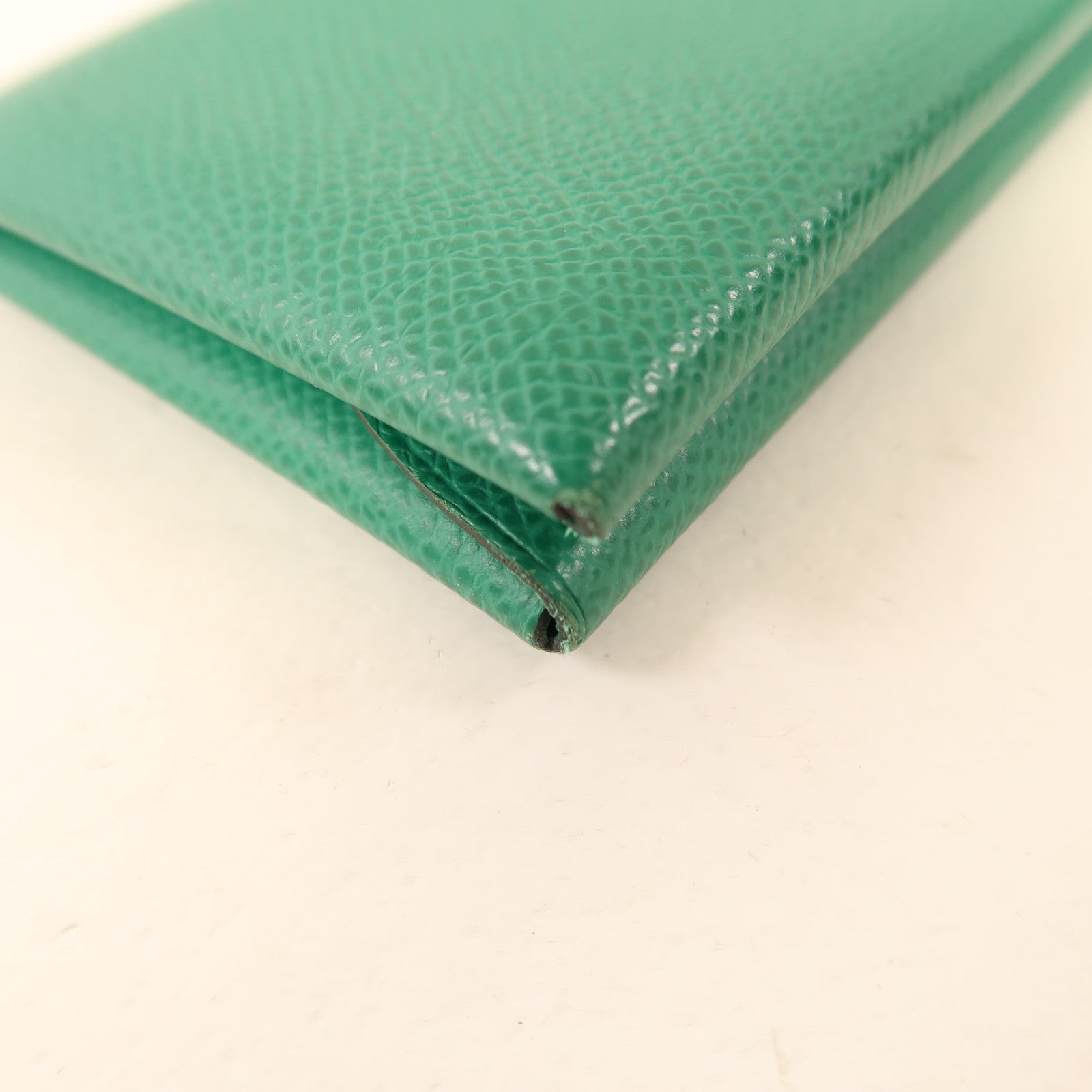 HERMES Epsom皮革Calvi Duo銀扣卡片套絲絨綠色