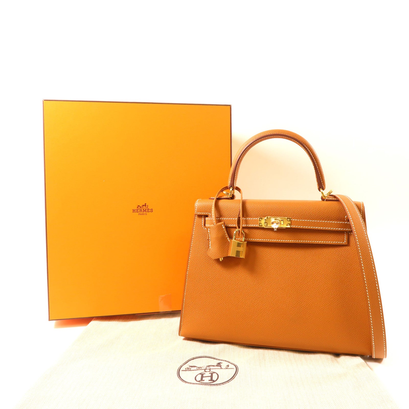 HERMES Epsom皮革Kelly 25金扣手挽肩背兩用袋Gold棕色