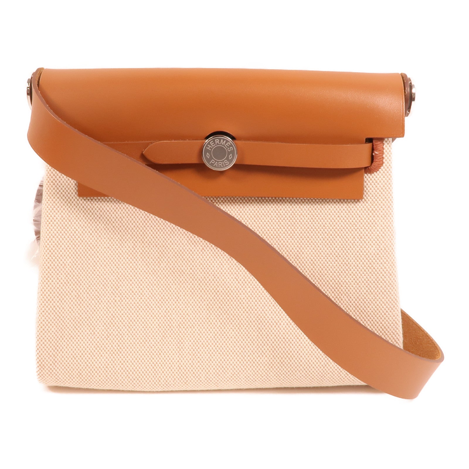HERMES Toile H帆布Mini Herbag銀扣肩背袋Beige/Fauve