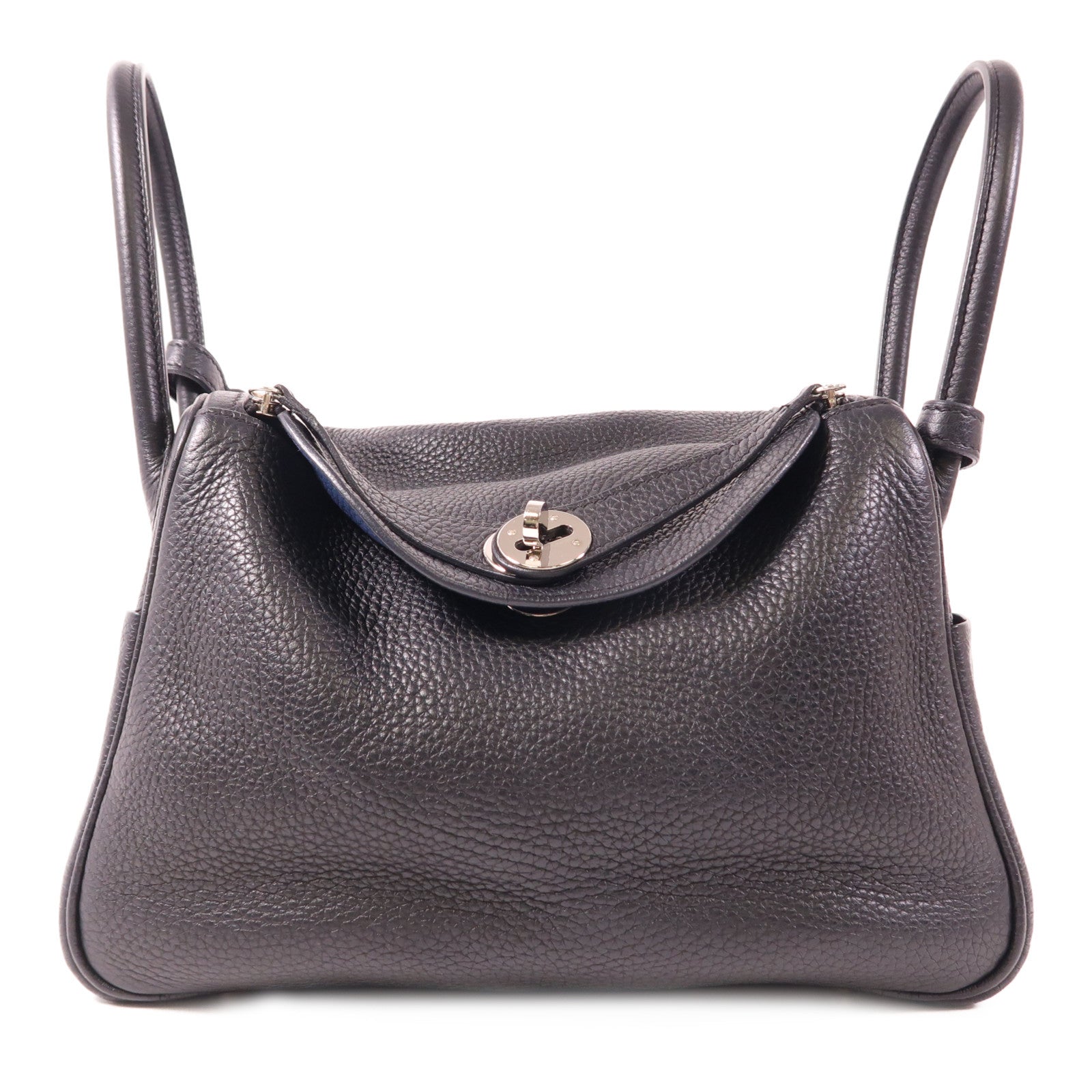 HERMES Clemence皮革Lindy 26銀扣手挽肩背兩用袋Bleu Nuit