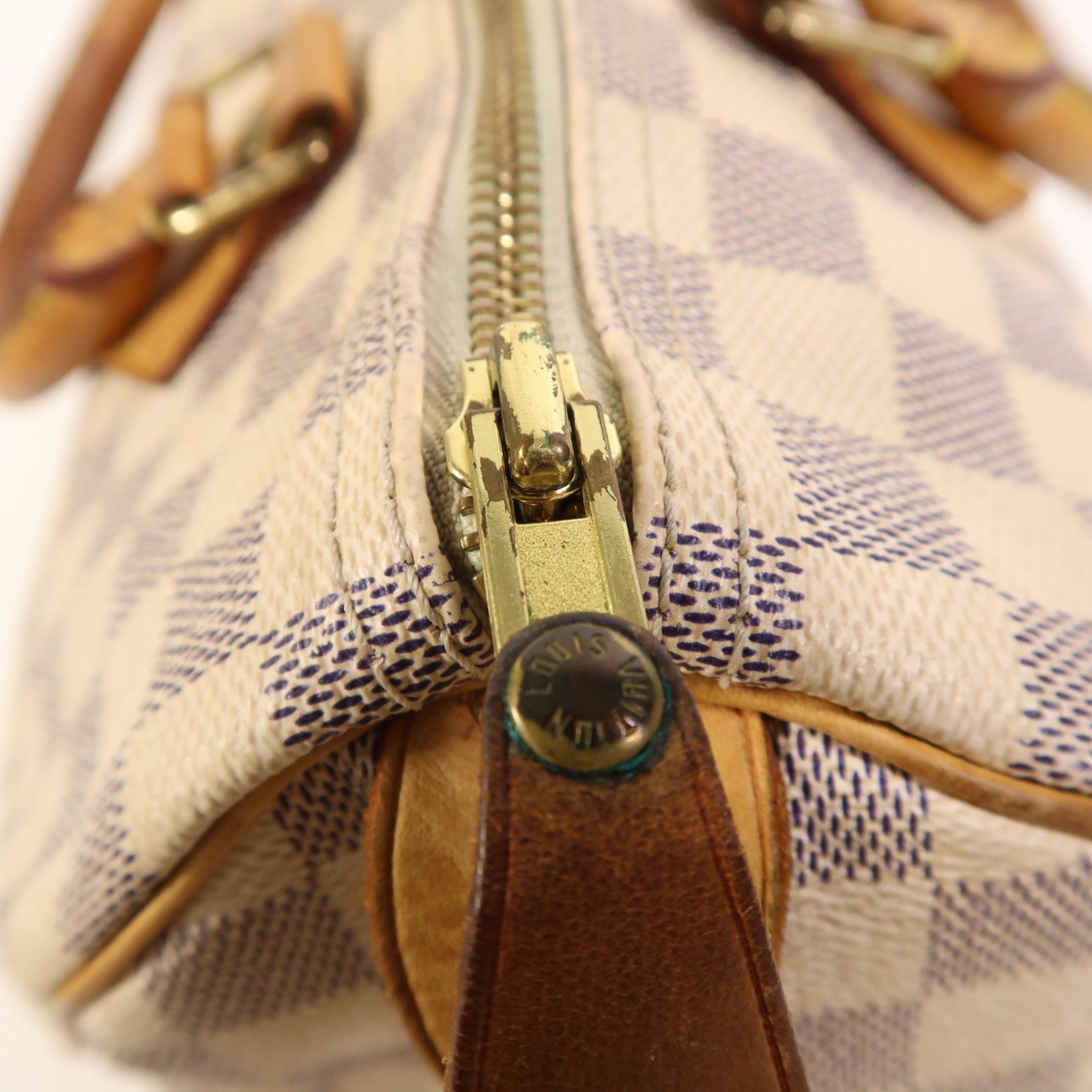 LOUIS VUITTON Damier Azur Speedy 30金扣手挽袋白色