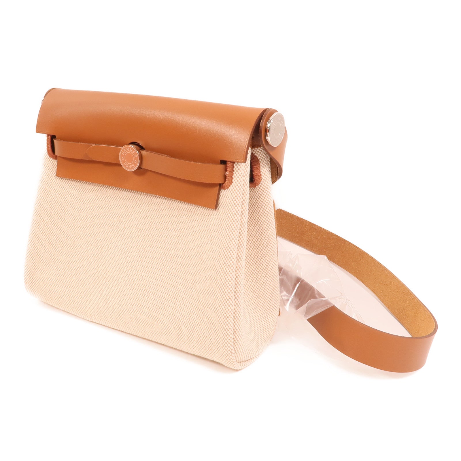 HERMES Toile H帆布Mini Herbag銀扣肩背袋Beige/Fauve