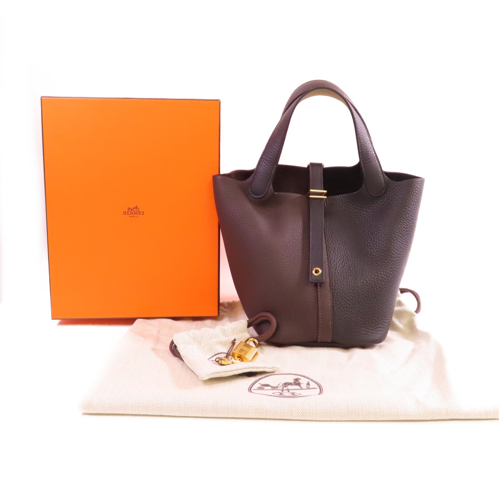 HERMES Clemence皮革Picotin PM Tote Bag金扣手挽袋黑色/黑檀木色/馬爾法米色