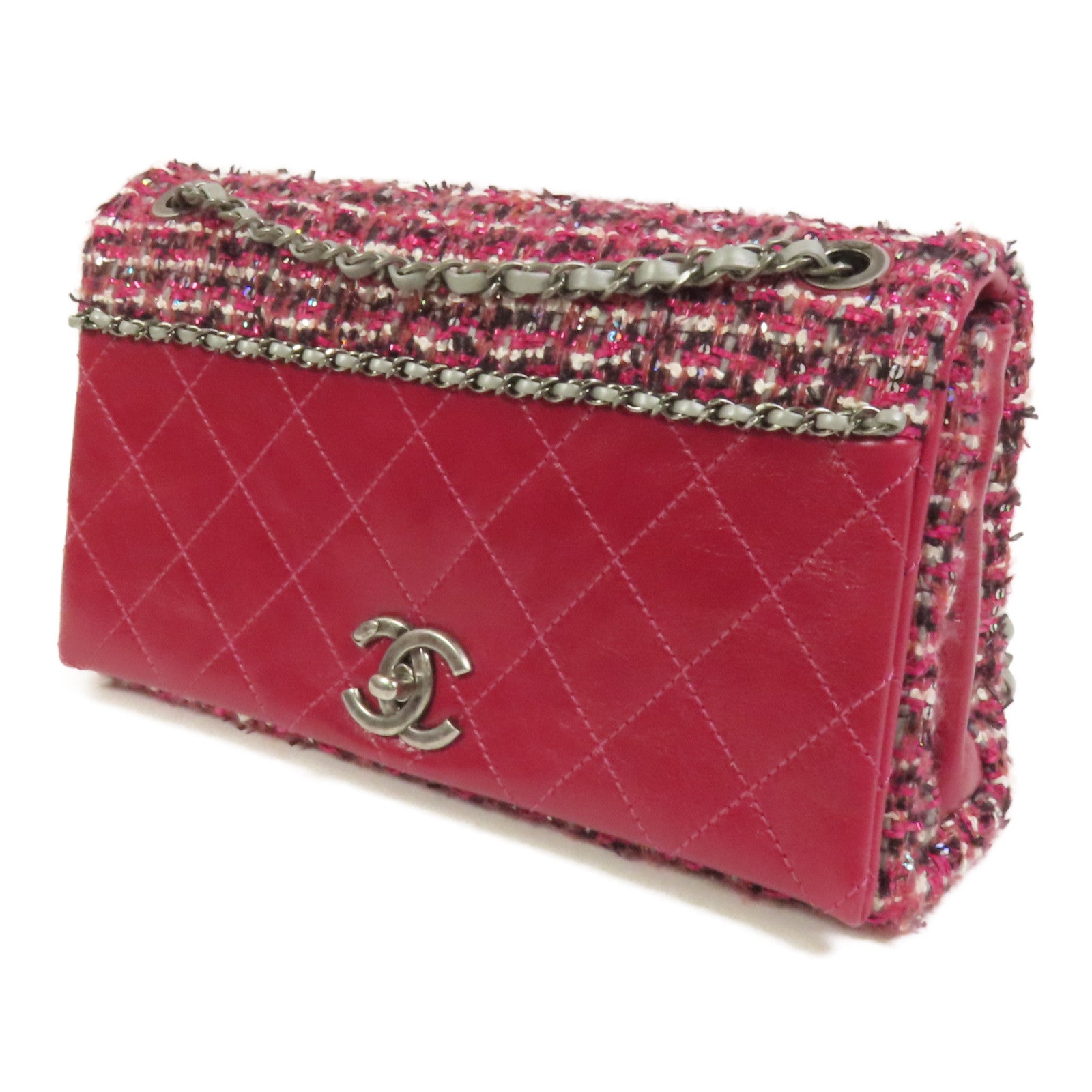 CHANEL 【激減優惠】Tweed/牛皮皮革Chain Shoulder Flap Bag銀扣鏈帶肩背袋