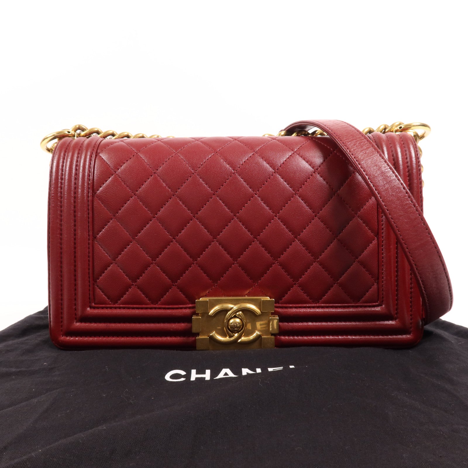 CHANEL 羊皮皮革Boy Chanel Medium金扣鏈帶肩背袋