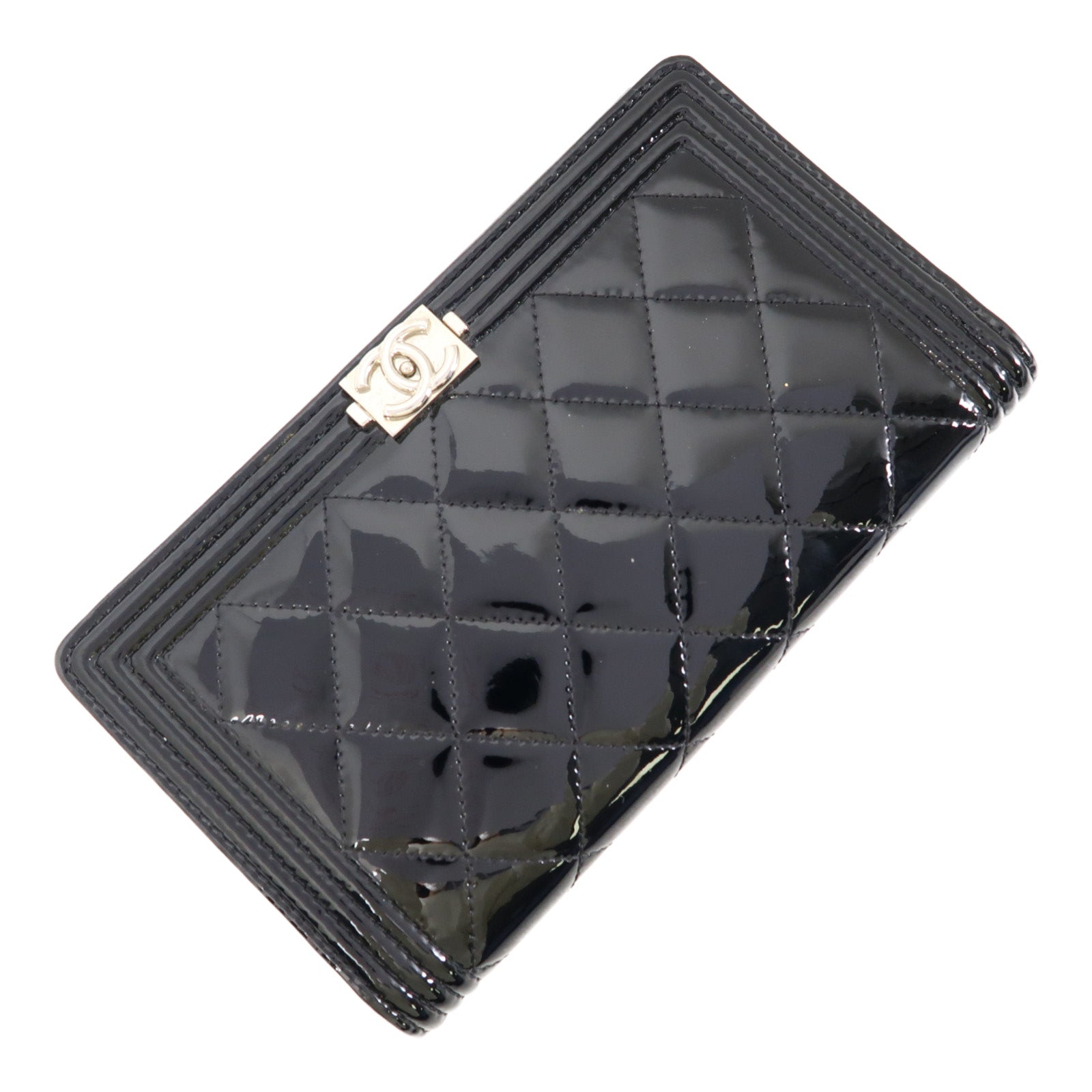 CHANEL 漆皮皮革Long Wallet銀扣長錢包黑色