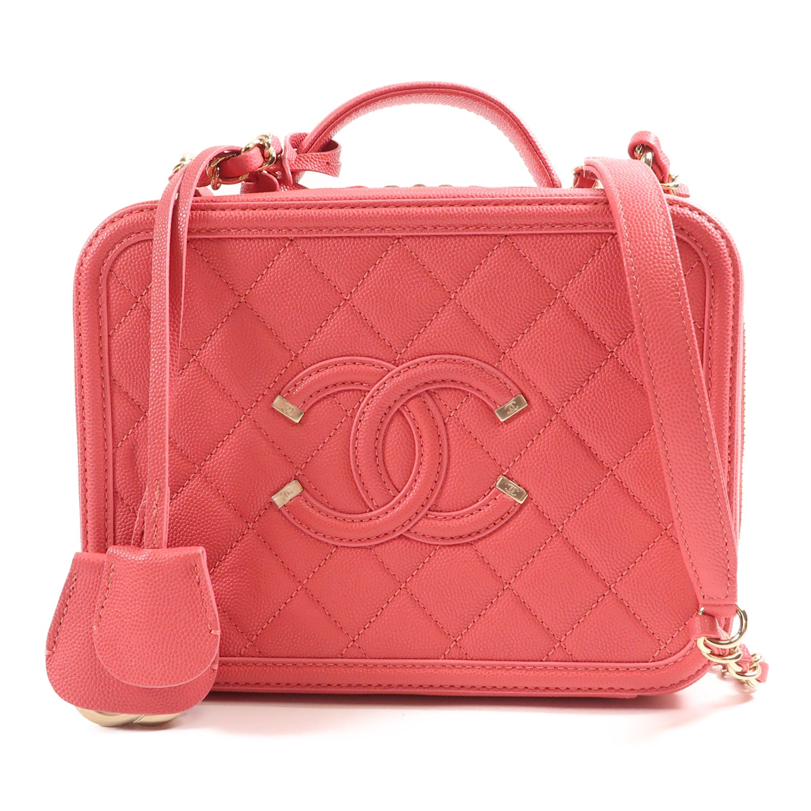 CHANEL 牛皮皮革Vanity Case金扣鏈帶手挽肩背兩用袋