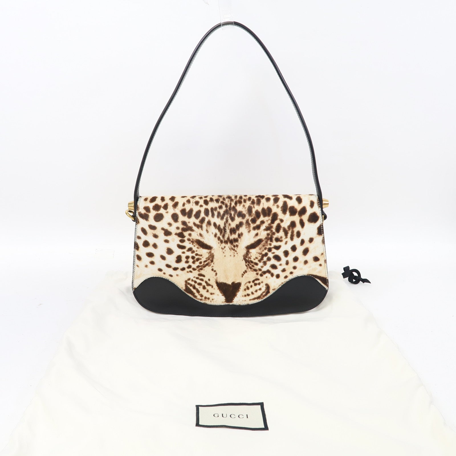 GUCCI 馬毛/牛皮皮革Shoulder Bag金扣肩背袋啡色/黑色