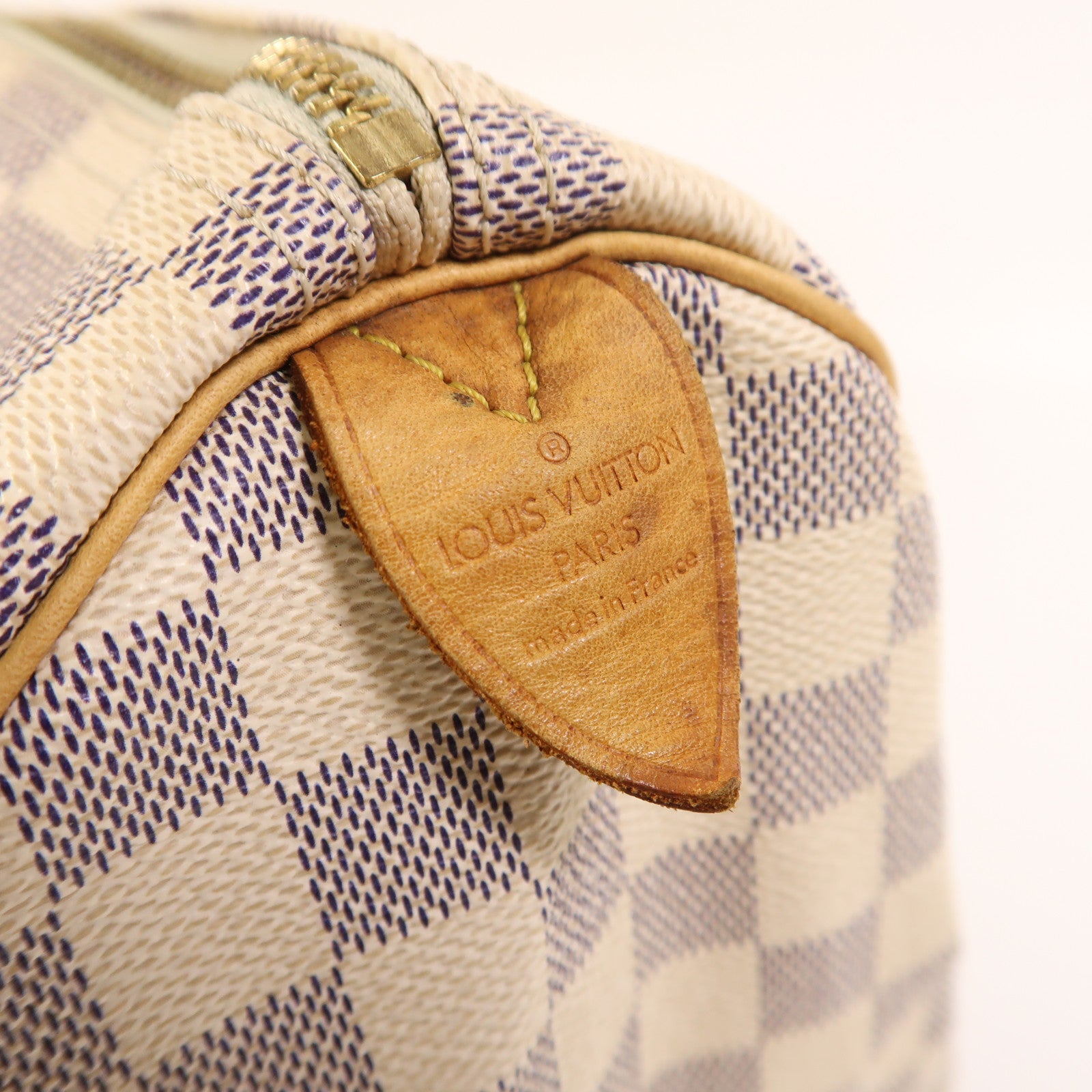 LOUIS VUITTON Damier Azur Speedy 30金扣手挽袋白色