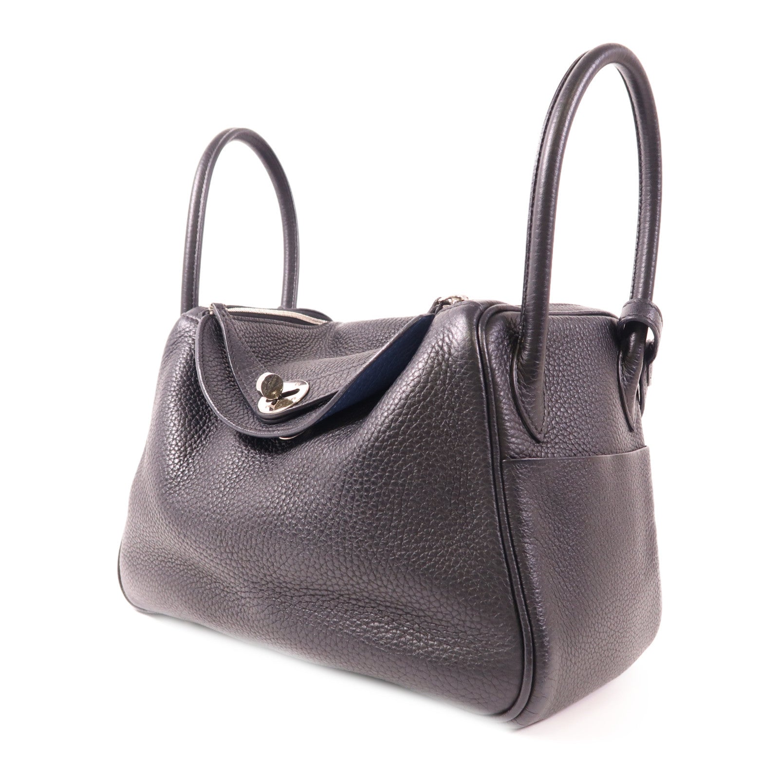 HERMES Clemence皮革Lindy 26銀扣手挽肩背兩用袋Bleu Nuit
