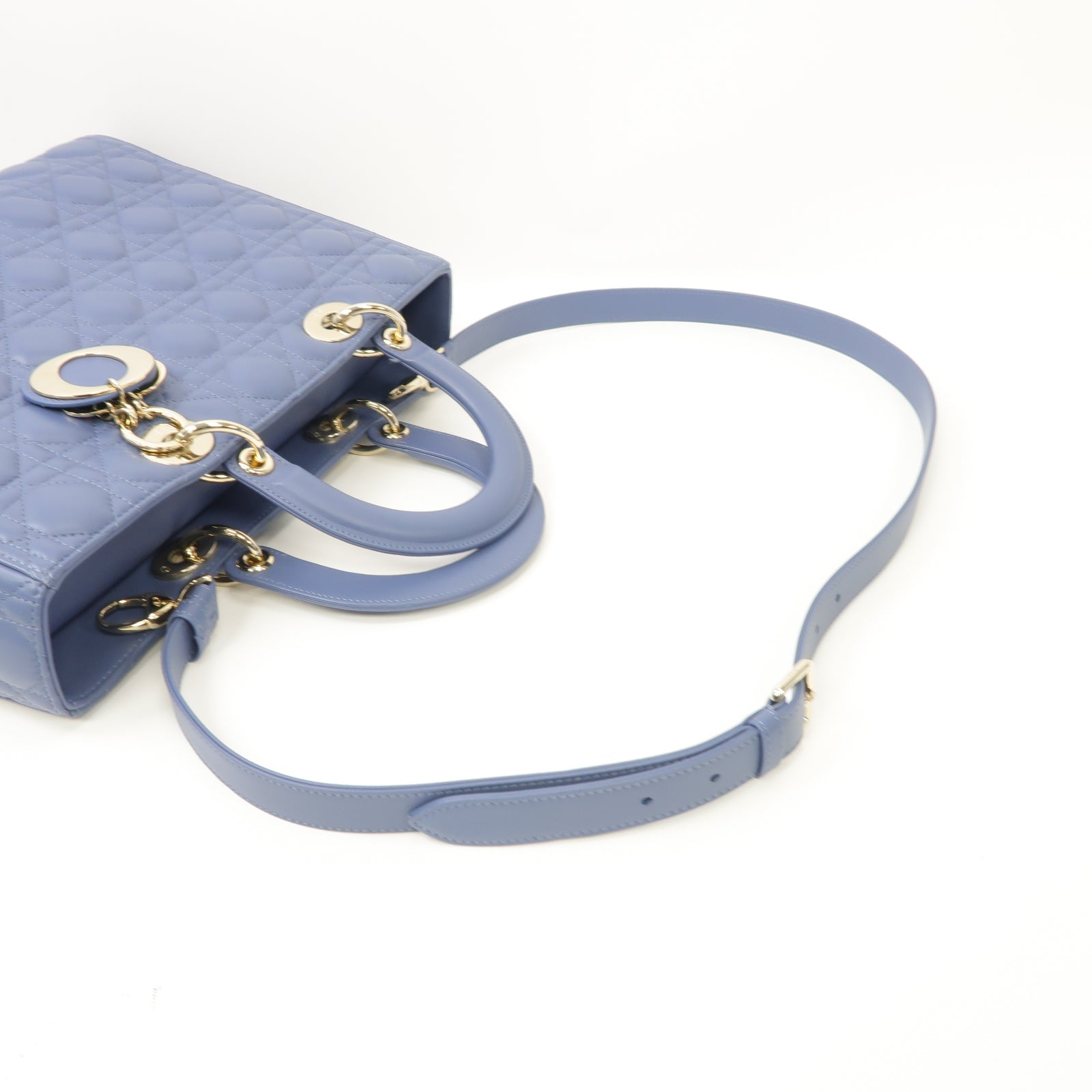 Dior 羊皮皮革Lady Dior Large 2 Way Shoulder Bag金扣手挽肩背兩用袋藍色