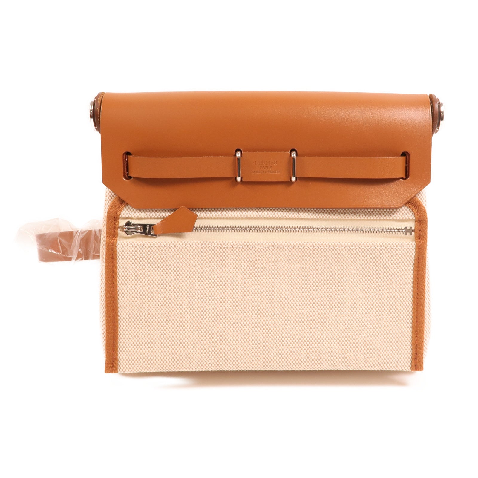 HERMES Toile H帆布Mini Herbag銀扣肩背袋Beige/Fauve