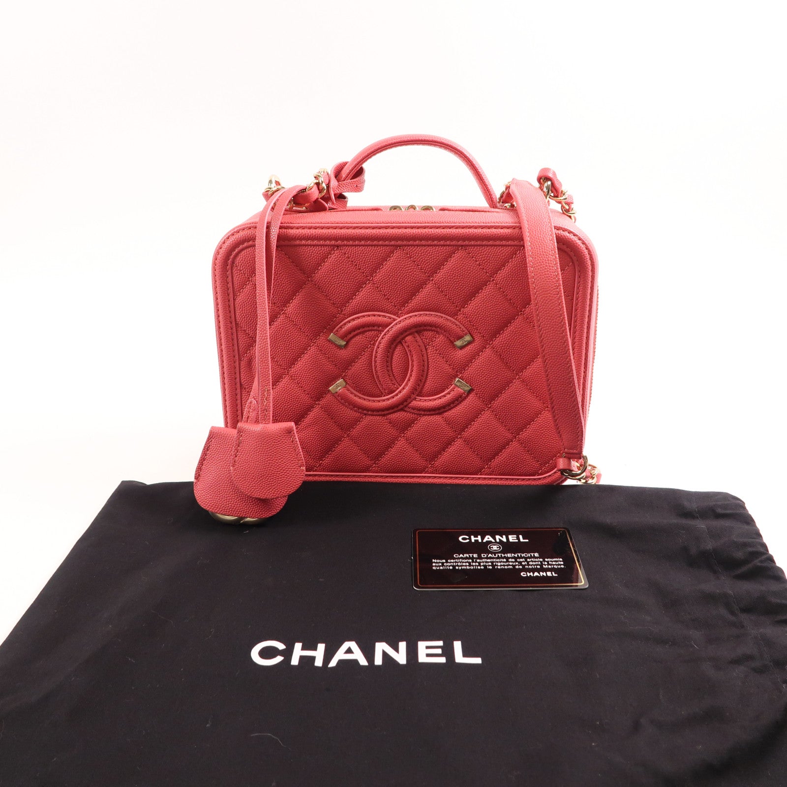 CHANEL 牛皮皮革Vanity Case金扣鏈帶手挽肩背兩用袋