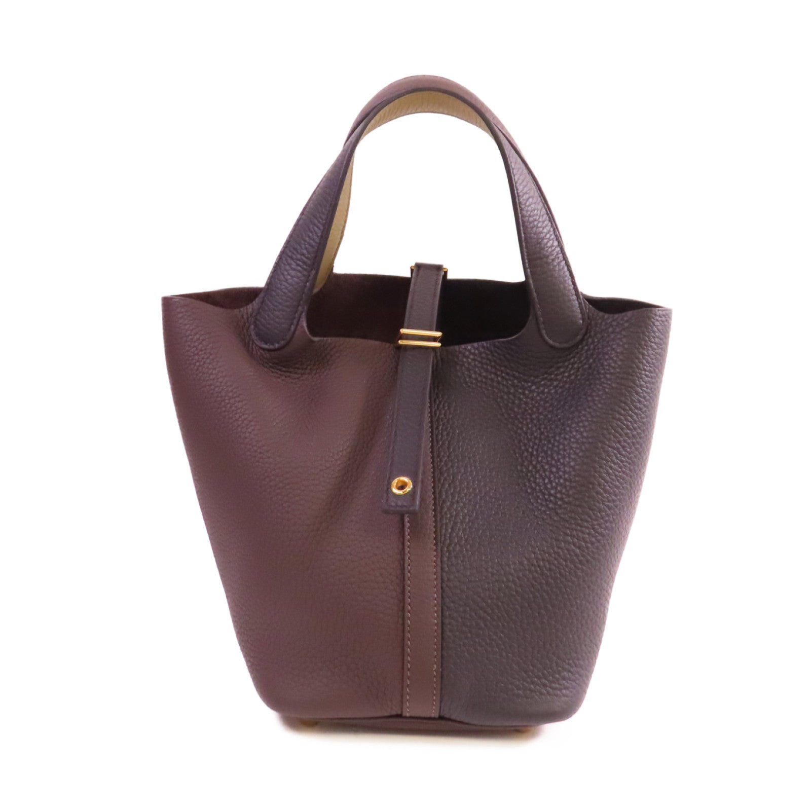 HERMES Clemence皮革Picotin PM Tote Bag金扣手挽袋黑色/黑檀木色/馬爾法米色