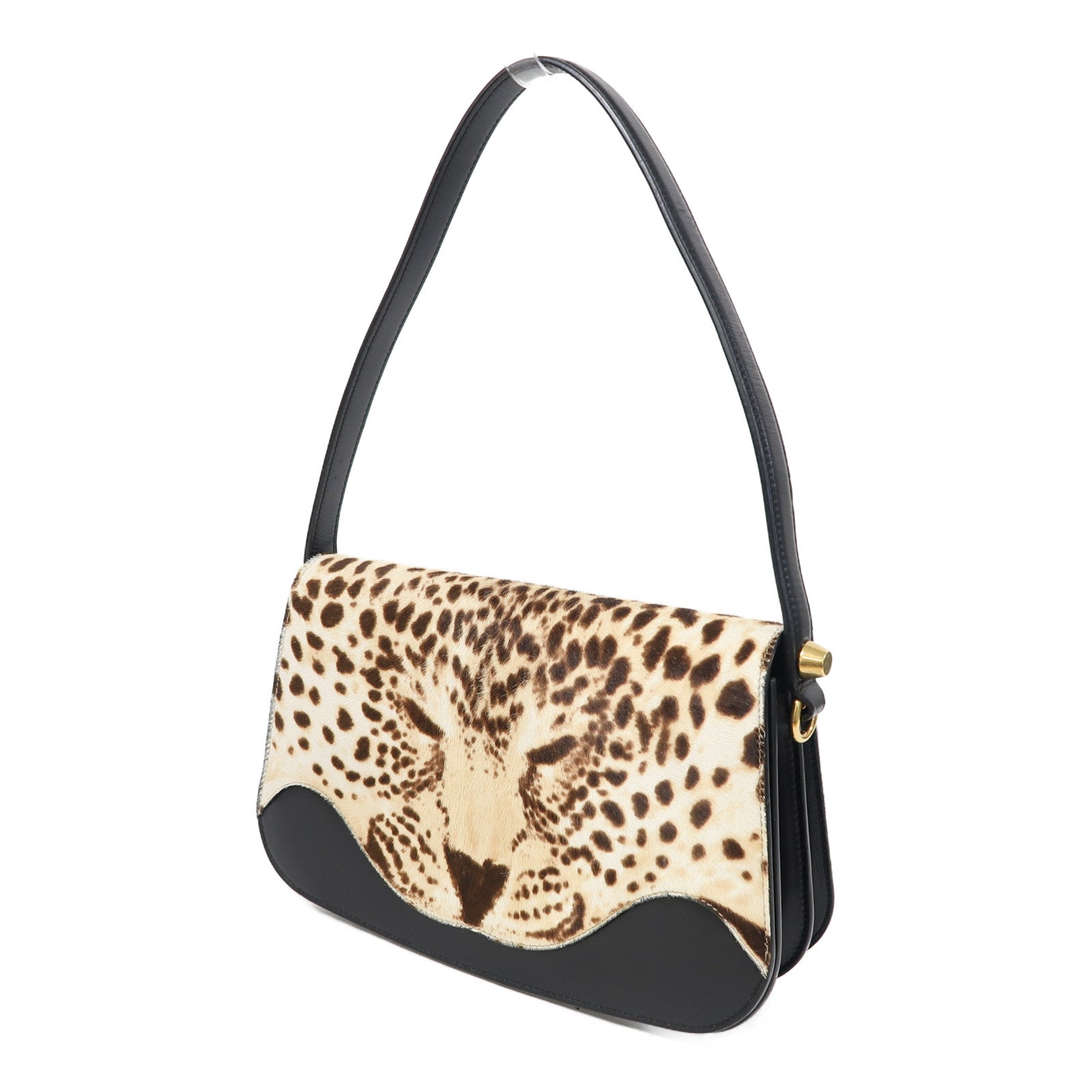GUCCI 馬毛/牛皮皮革Shoulder Bag金扣肩背袋啡色/黑色
