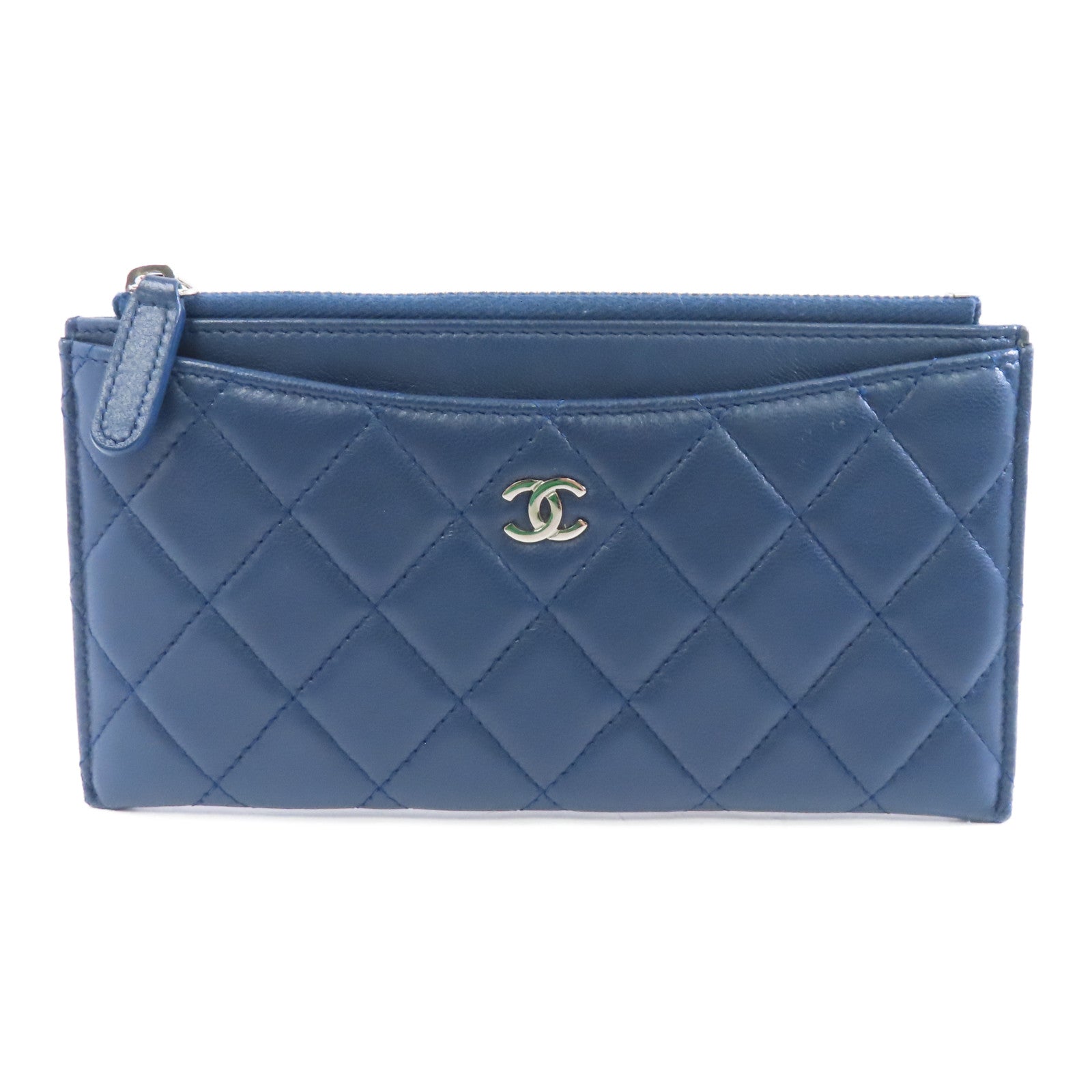CHANEL 菱格羊皮皮革Clutch Bag銀扣手拿包藍色