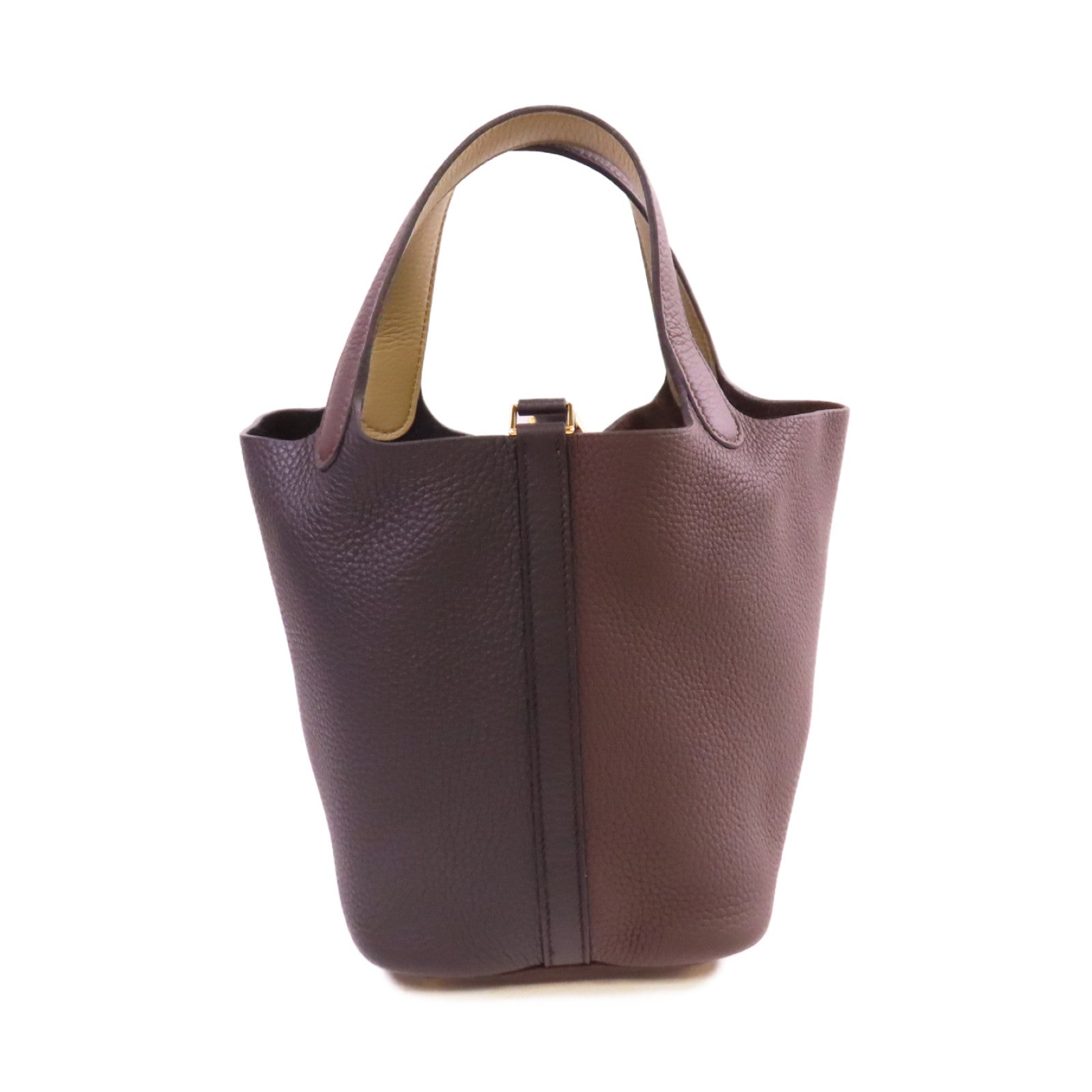 HERMES Clemence皮革Picotin PM Tote Bag金扣手挽袋黑色/黑檀木色/馬爾法米色