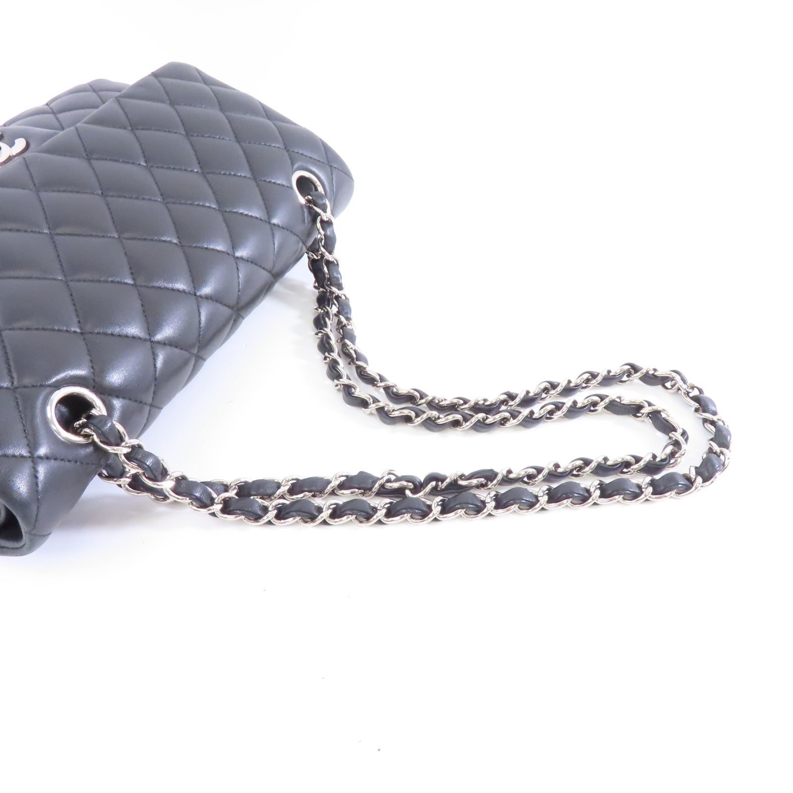 CHANEL 菱格羊皮皮革Classic Flap 25銀扣鏈帶肩背袋黑色