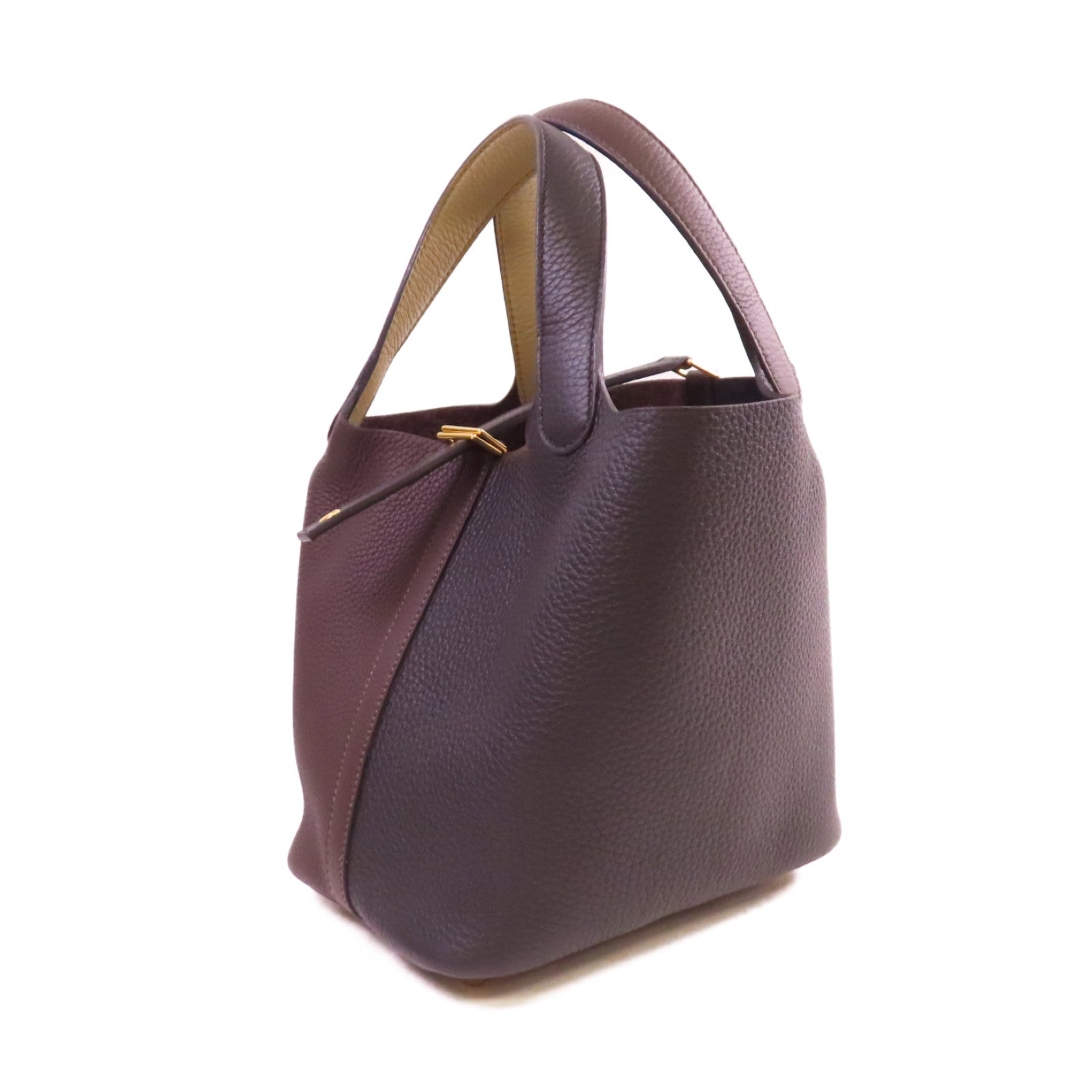 HERMES Clemence皮革Picotin PM Tote Bag金扣手挽袋黑色/黑檀木色/馬爾法米色