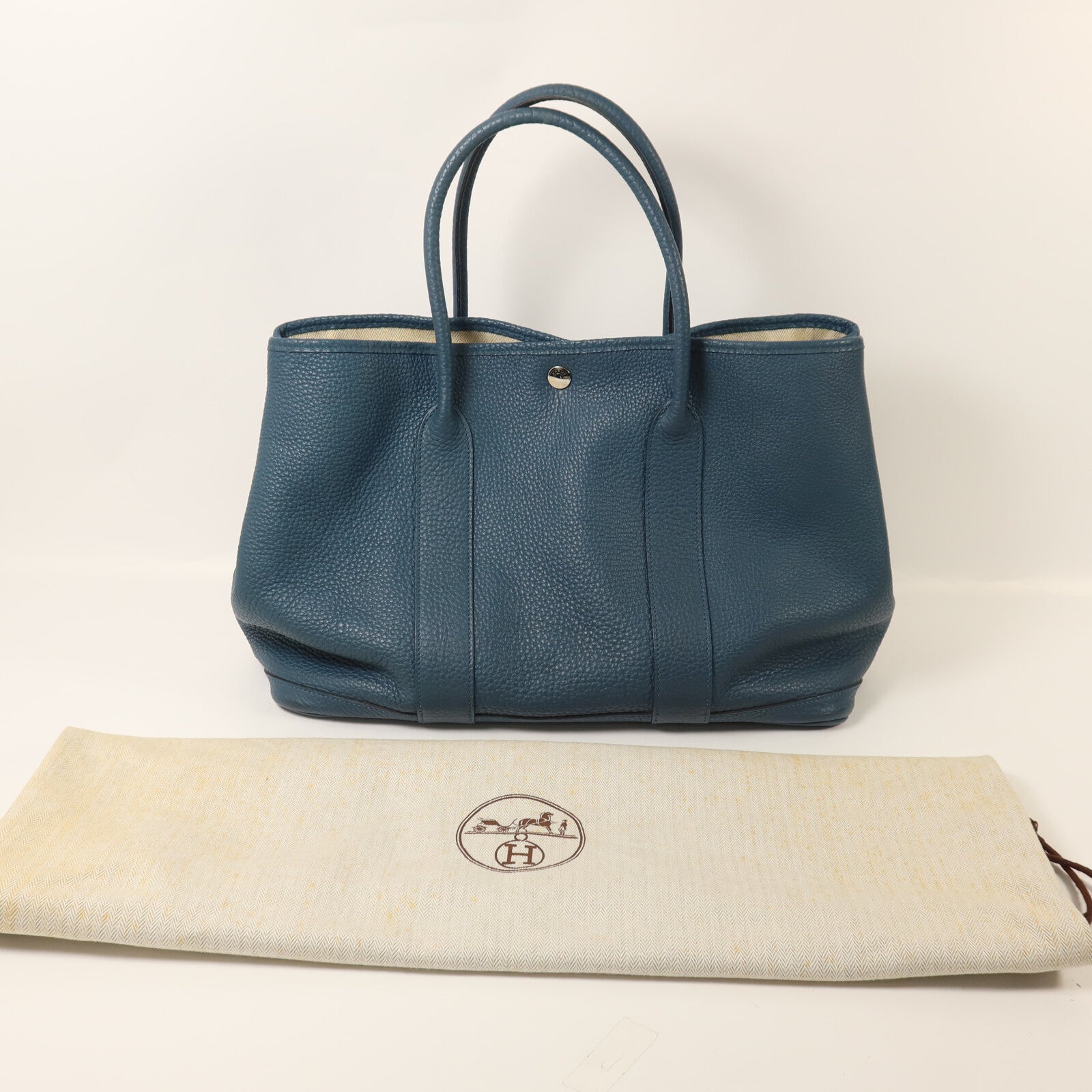HERMES Clemence皮革Garden Party PM手挽袋Bleu Tempete