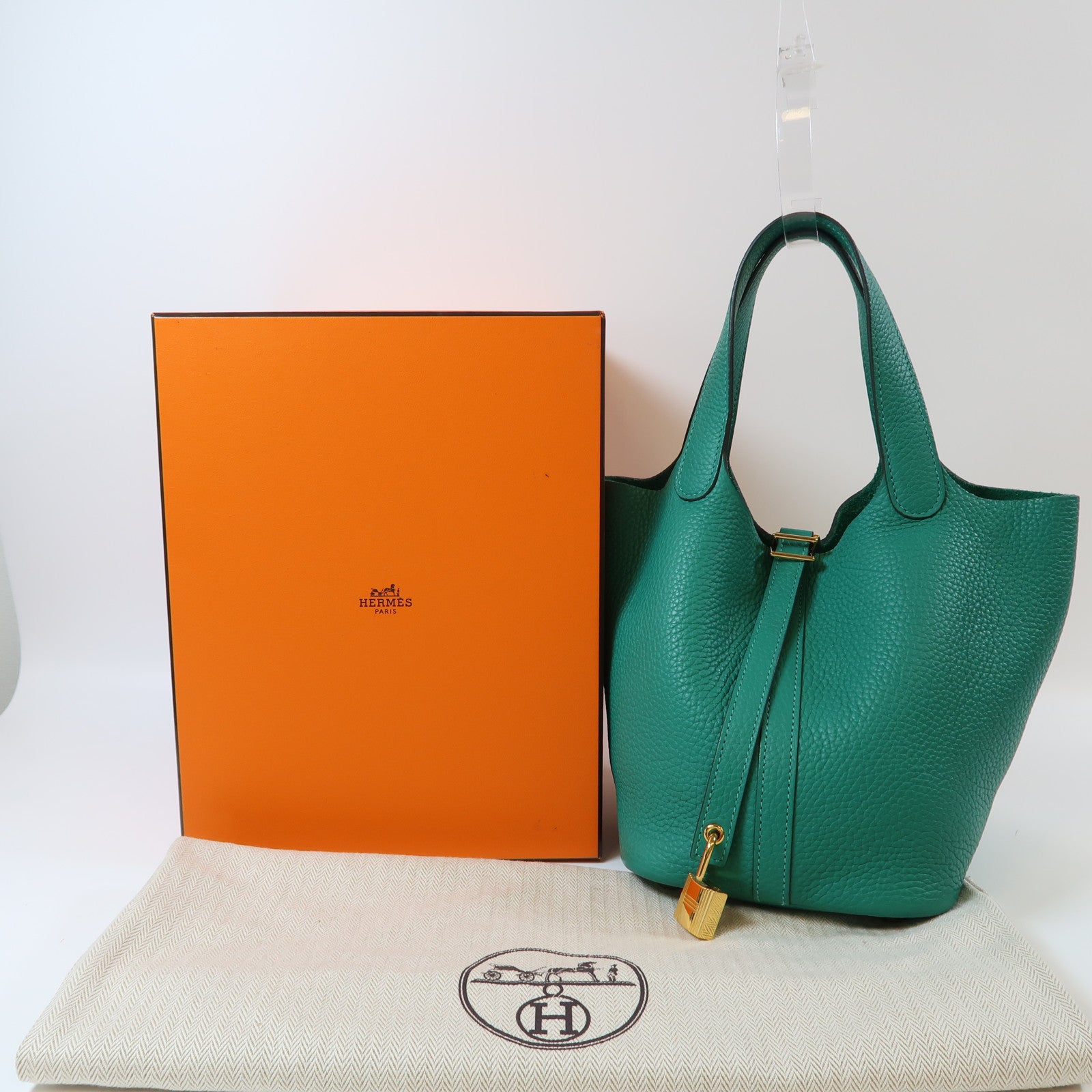 HERMES Clemence皮革Picotin PM金扣手挽袋Vert Vertigo/綠色