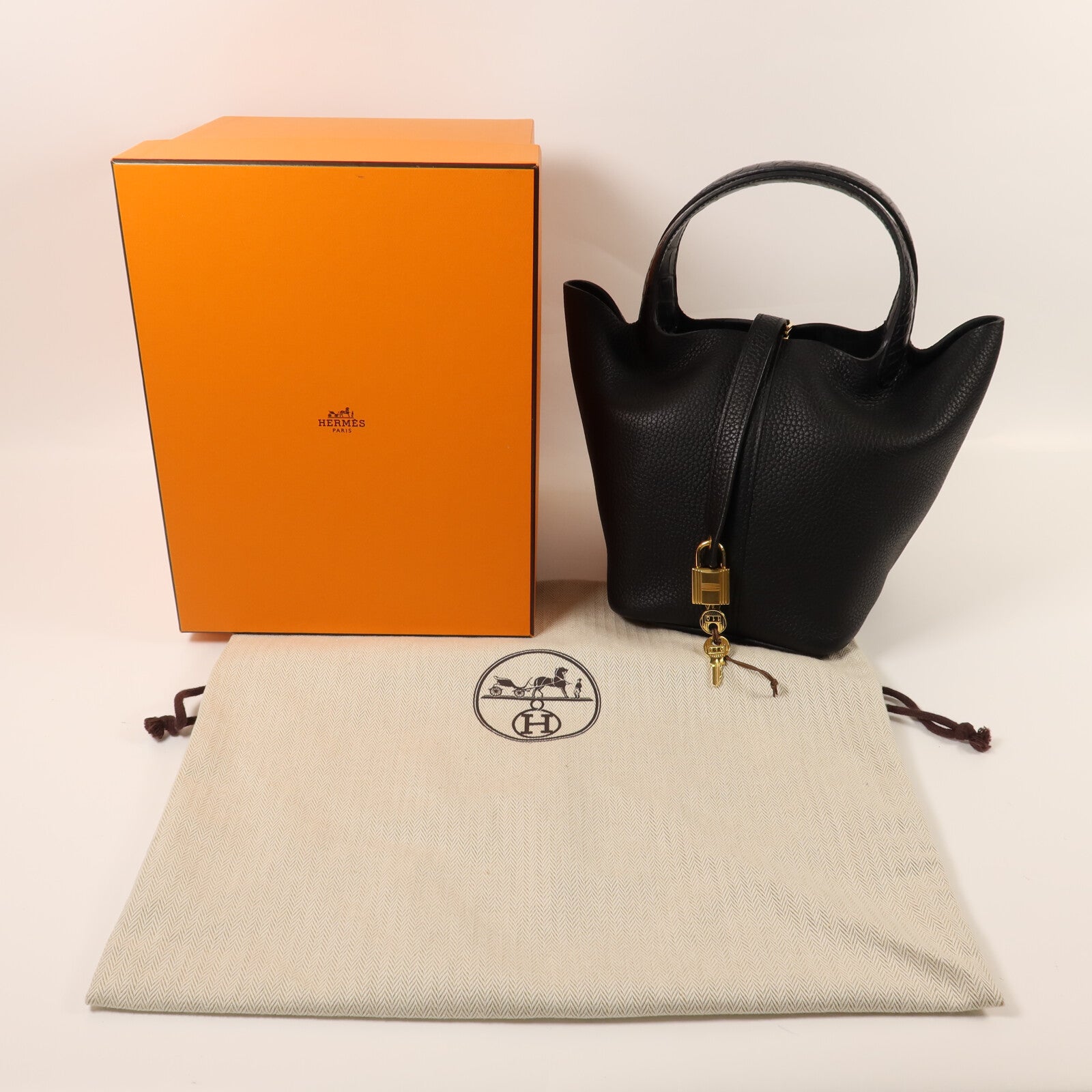 HERMES Clemence皮革/鱷魚皮革Picotin PM Touch金扣手挽袋Noir