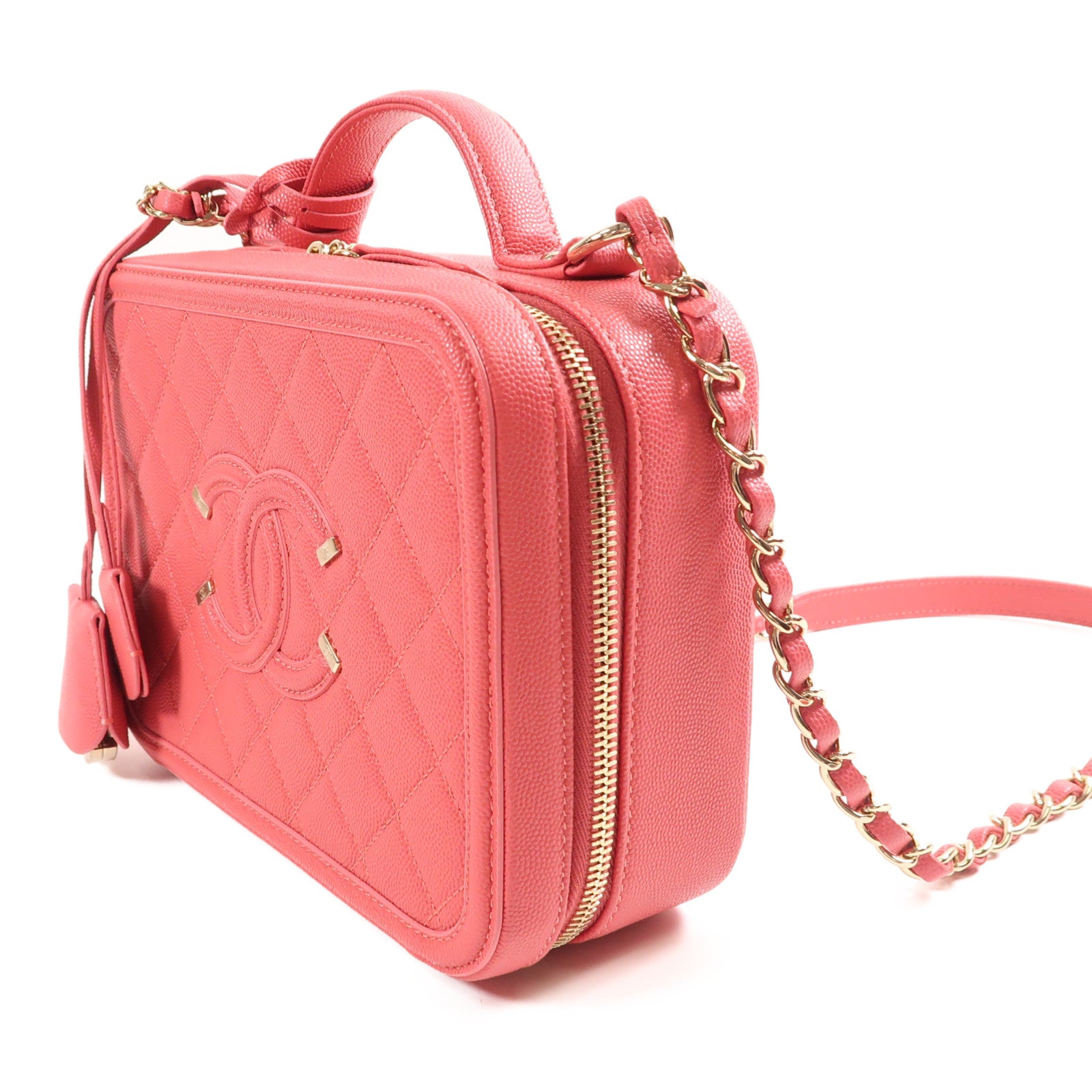 CHANEL 牛皮皮革Vanity Case金扣鏈帶手挽肩背兩用袋