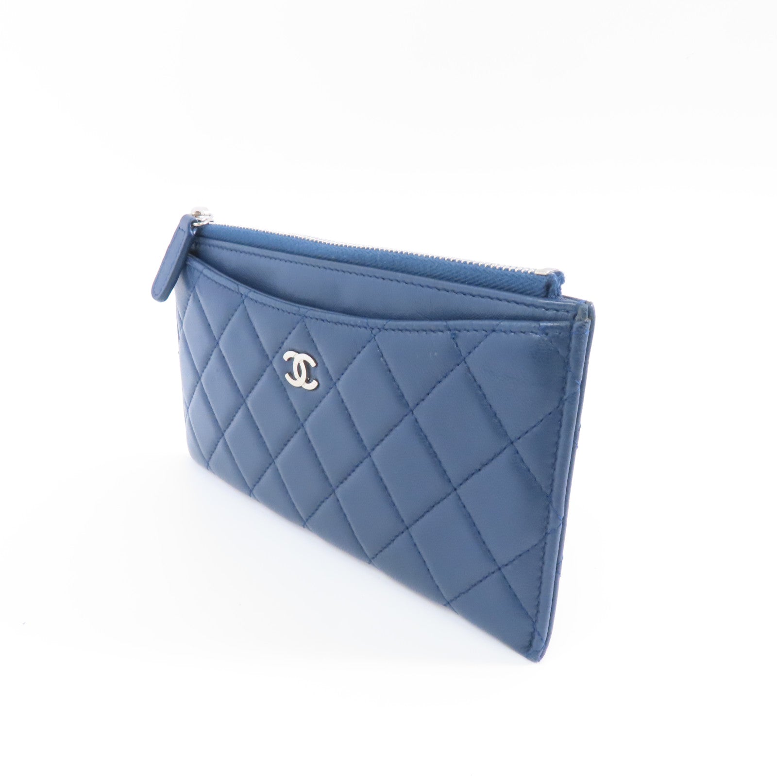 CHANEL 菱格羊皮皮革Clutch Bag銀扣手拿包藍色