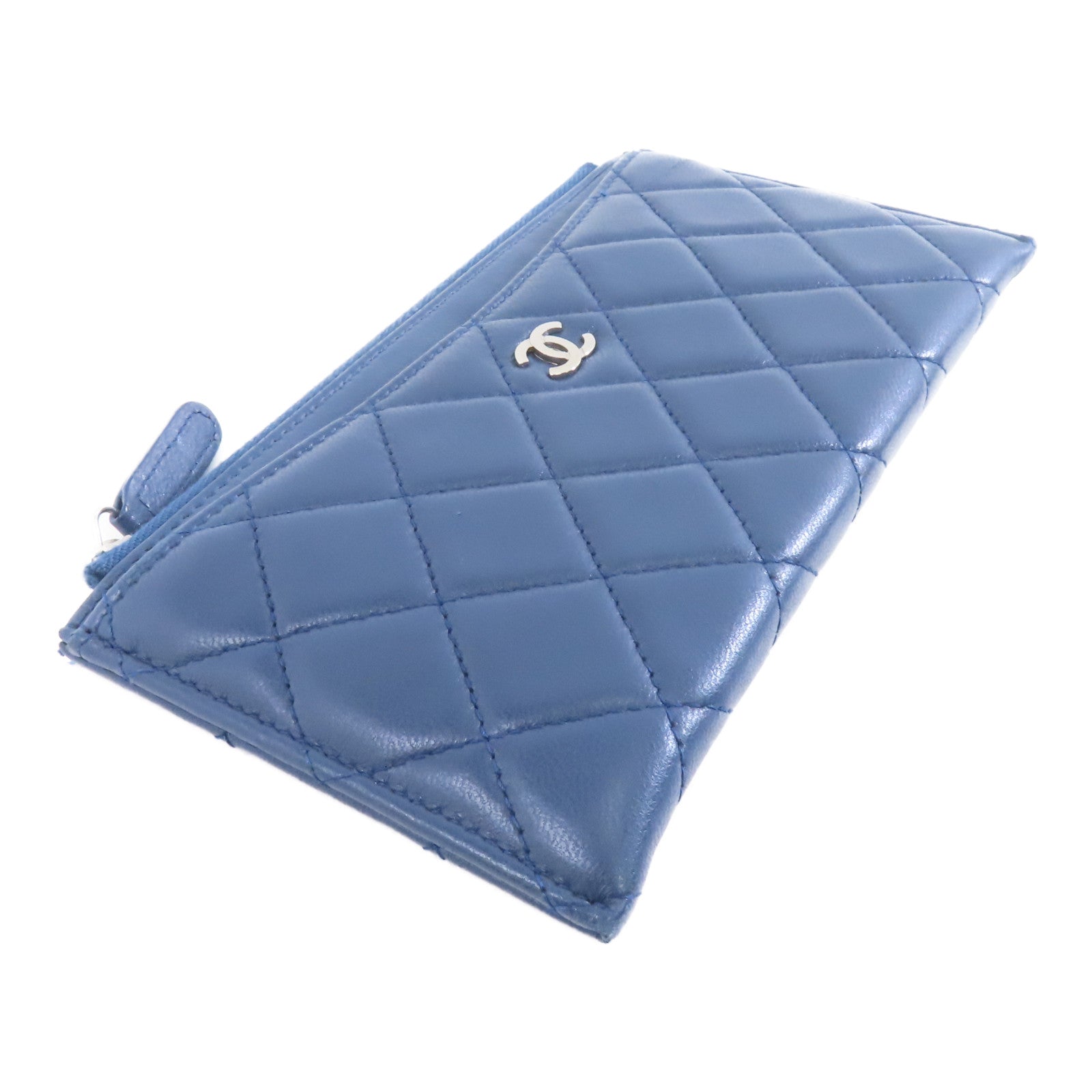 CHANEL 菱格羊皮皮革Clutch Bag銀扣手拿包藍色