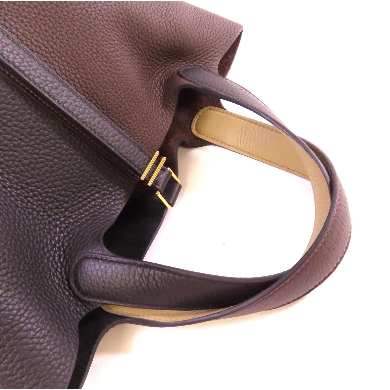 HERMES Clemence皮革Picotin PM Tote Bag金扣手挽袋黑色/黑檀木色/馬爾法米色