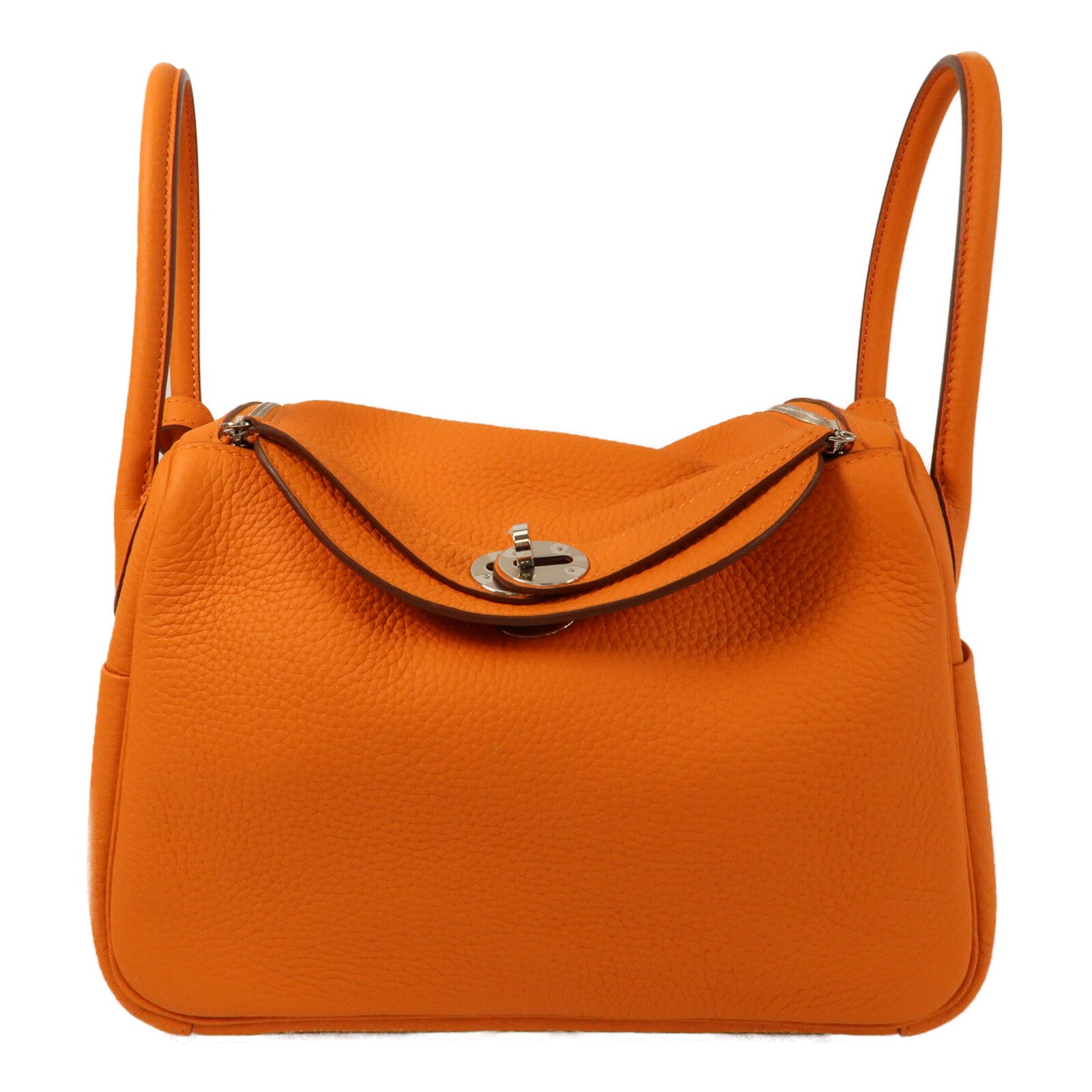 HERMES Clemence皮革Lindy 26銀扣手挽肩背兩用袋Orange