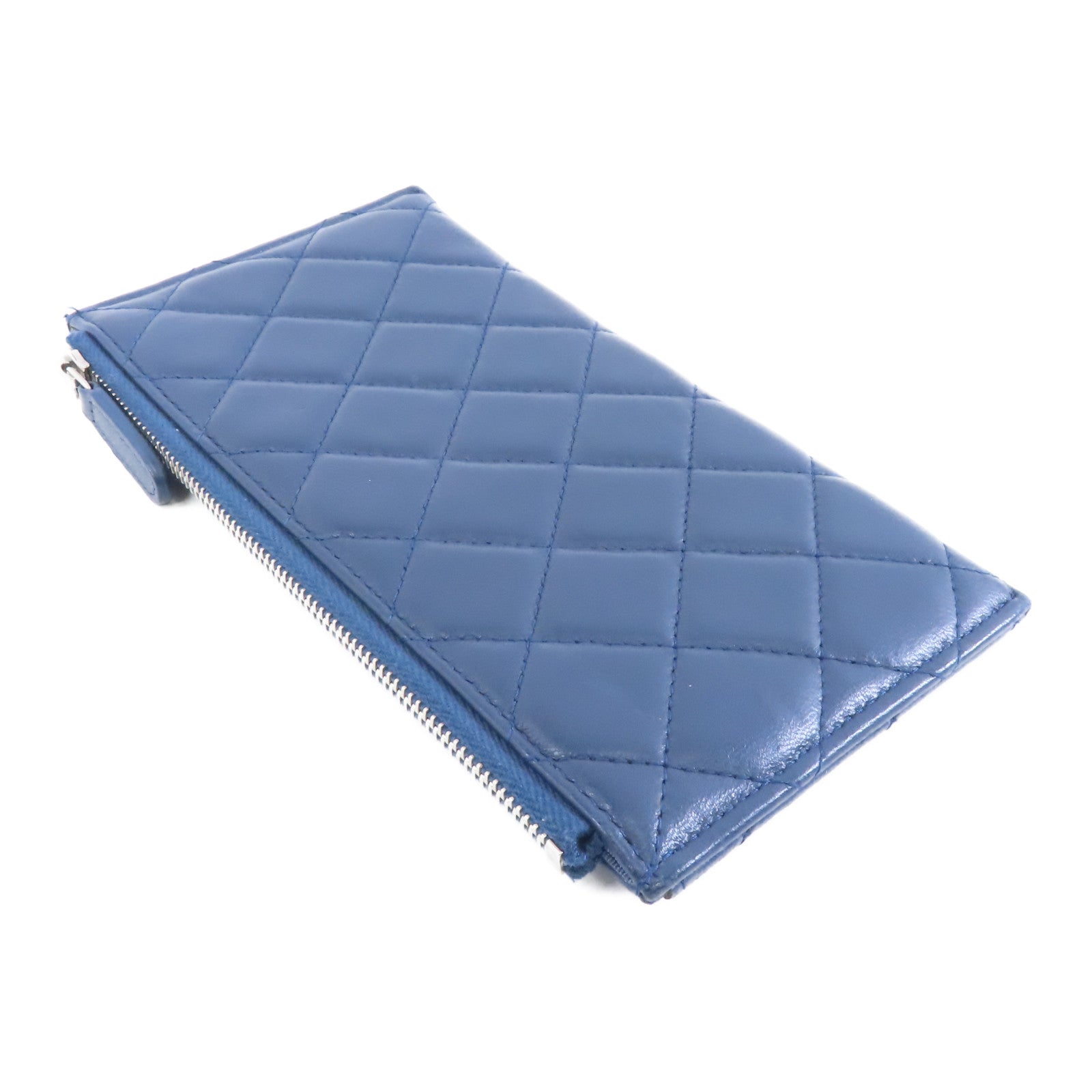 CHANEL 菱格羊皮皮革Clutch Bag銀扣手拿包藍色