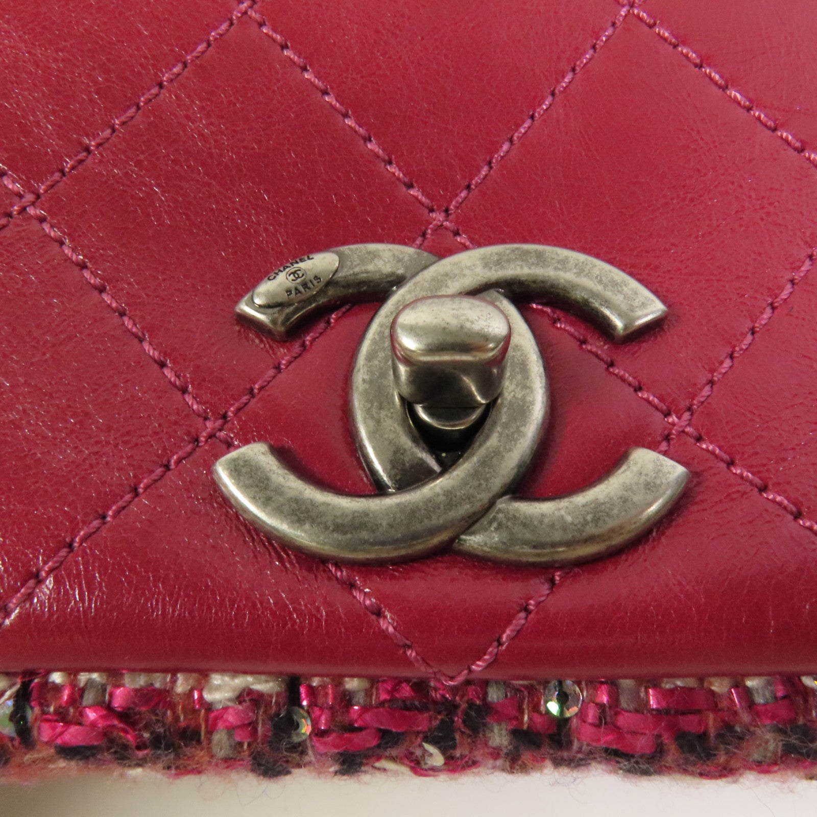CHANEL 【激減優惠】Tweed/牛皮皮革Chain Shoulder Flap Bag銀扣鏈帶肩背袋