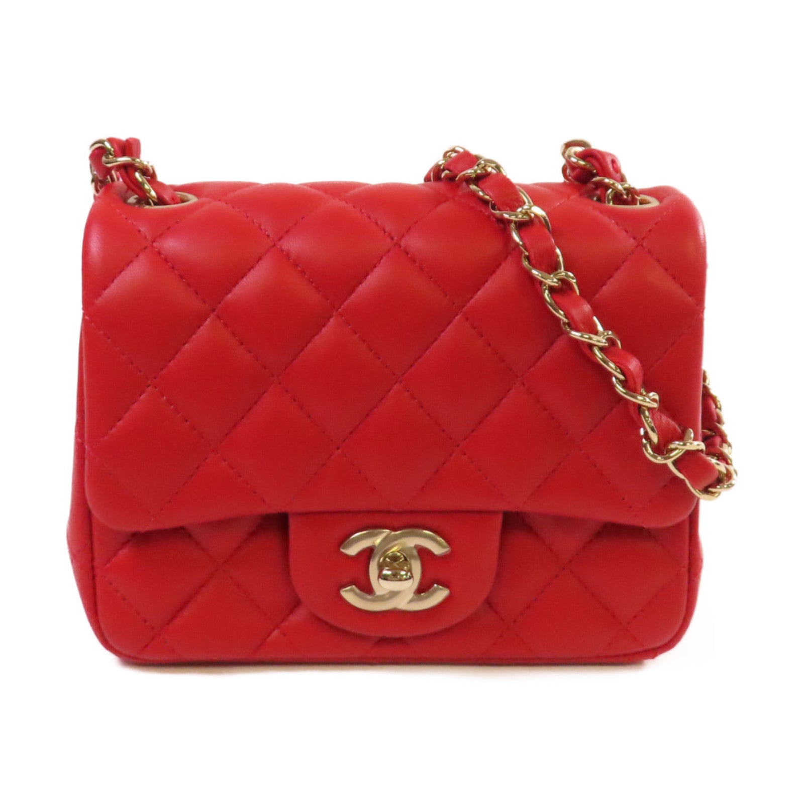 CHANEL 菱格羊皮皮革Classic Mini Square Chain Shoulder Bag金扣鏈帶肩背袋紅色