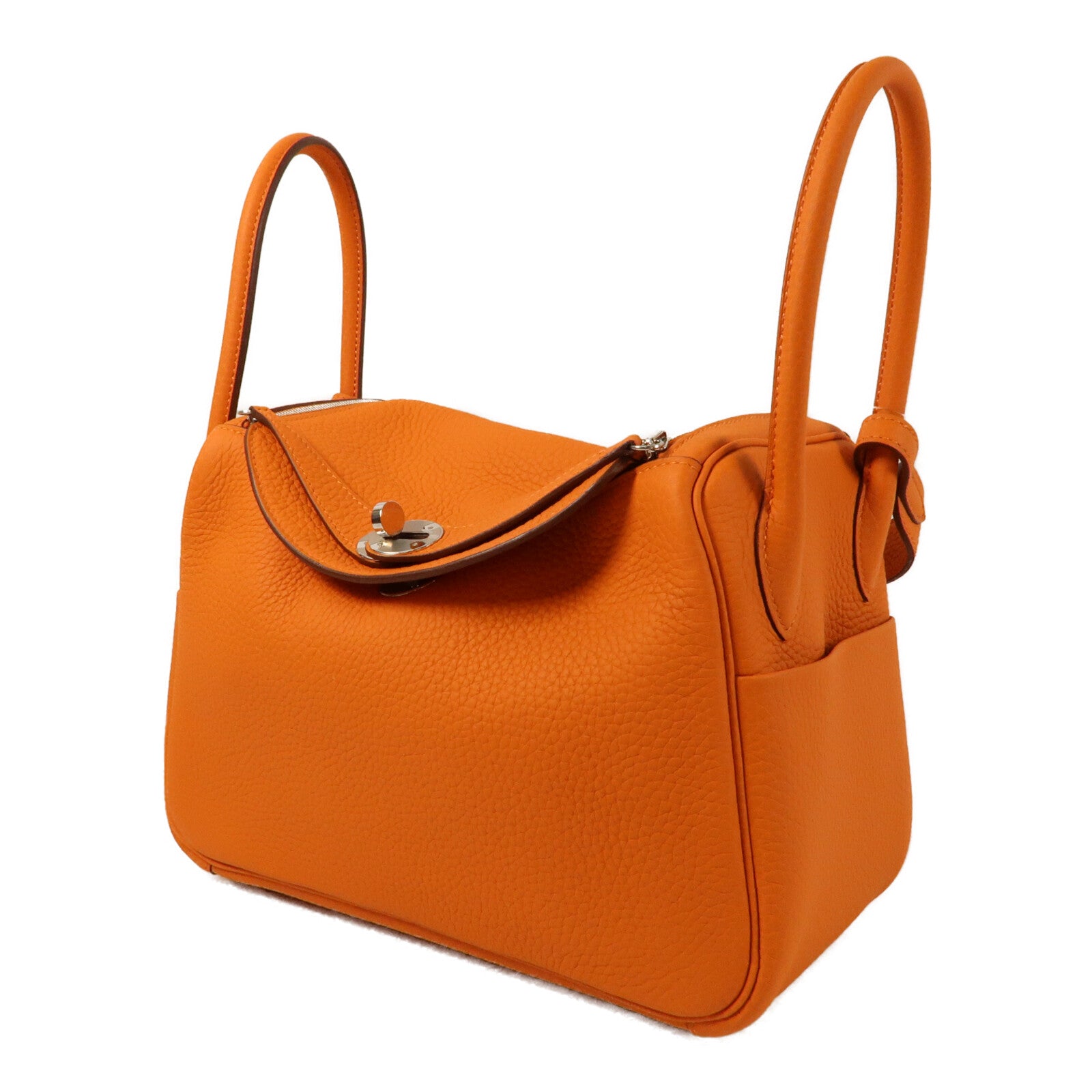 HERMES Clemence皮革Lindy 26銀扣手挽肩背兩用袋Orange