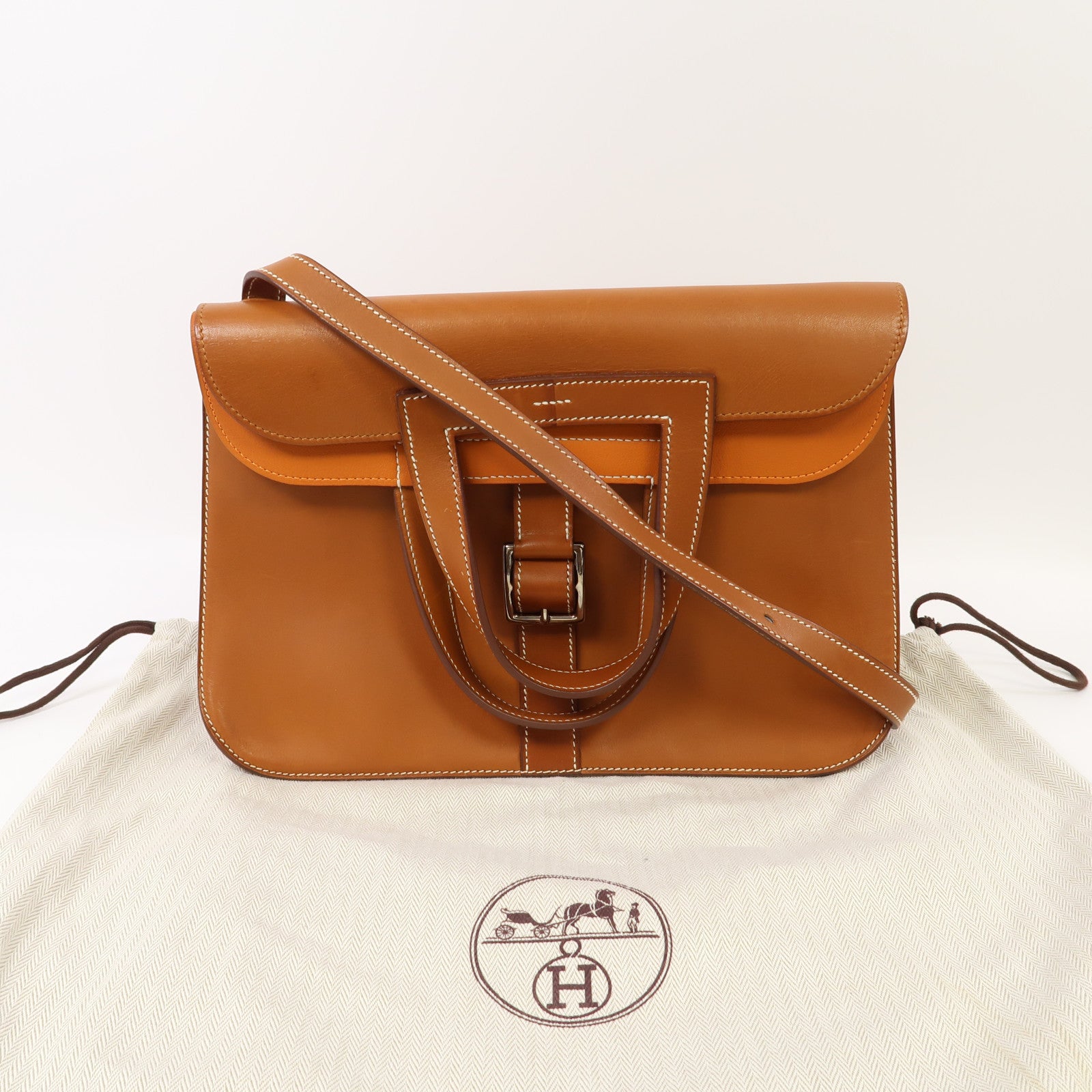 HERMES Barenia皮革Halzan 31銀扣手挽肩背兩用袋太妃色/南瓜色