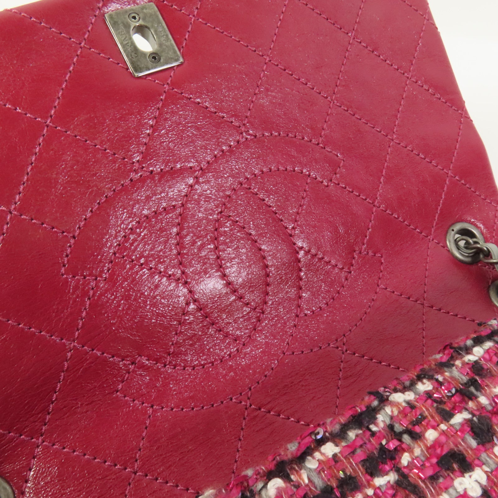 CHANEL 【激減優惠】Tweed/牛皮皮革Chain Shoulder Flap Bag銀扣鏈帶肩背袋