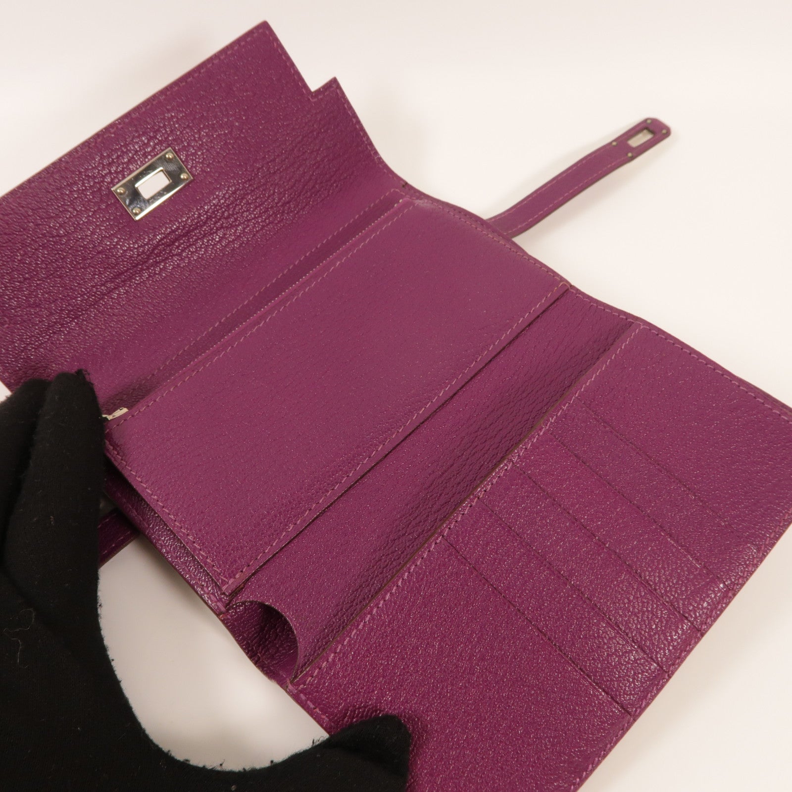 HERMES Chevre皮革Kelly Depliant Wallet銀扣錢包Anemone