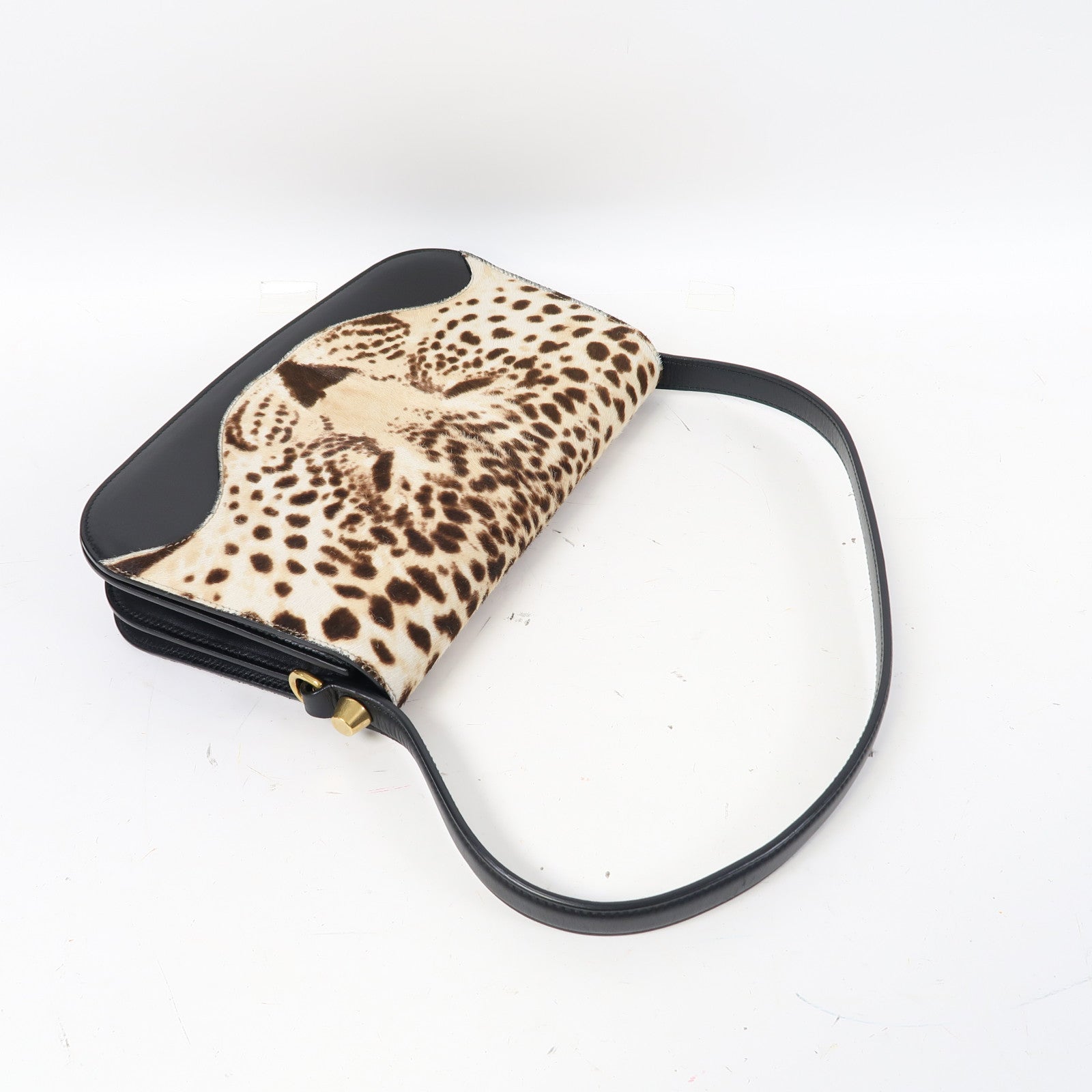GUCCI 馬毛/牛皮皮革Shoulder Bag金扣肩背袋啡色/黑色