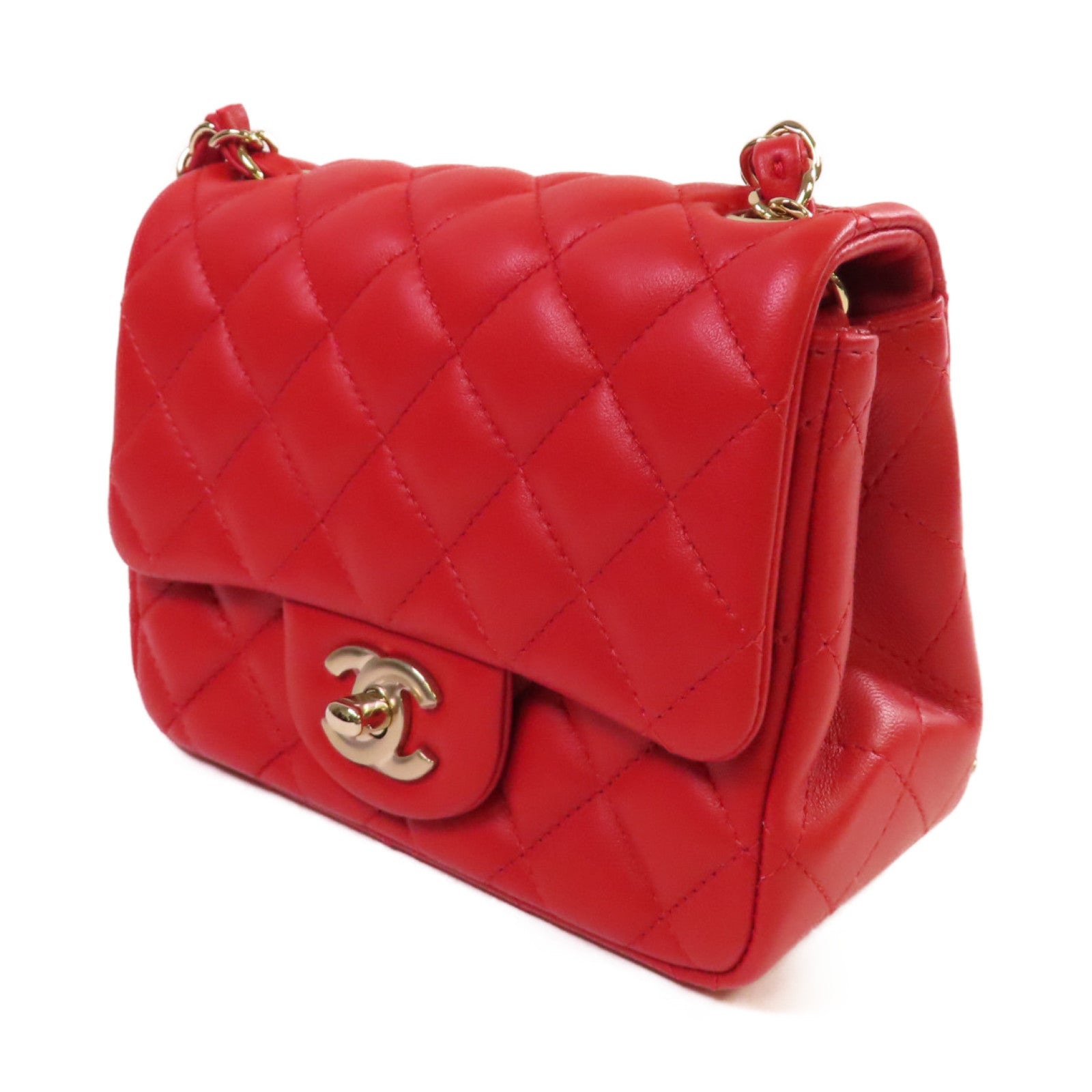 CHANEL 菱格羊皮皮革Classic Mini Square Chain Shoulder Bag金扣鏈帶肩背袋紅色