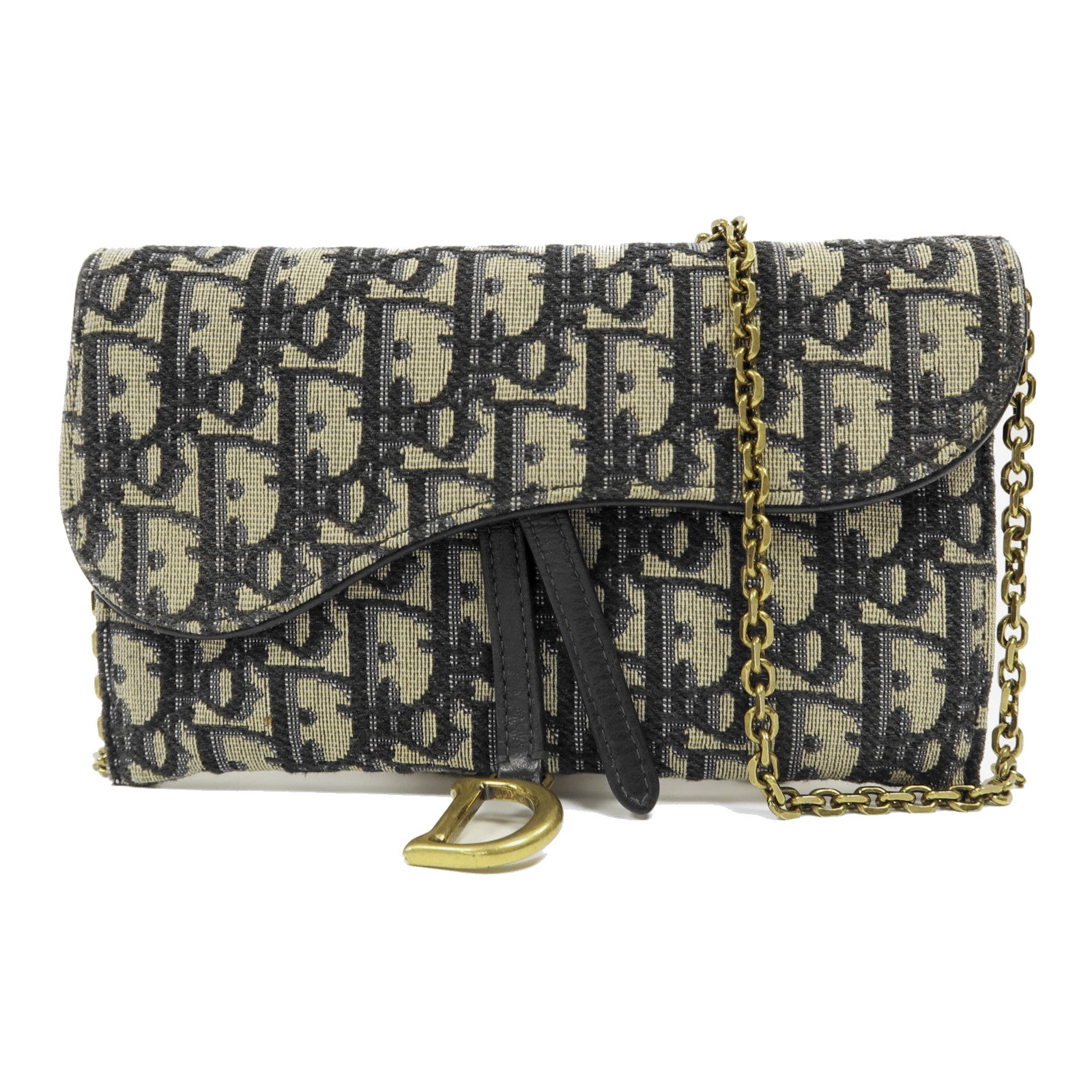Dior Oblique帆布Saddle Wallet On Chain金扣鏈帶肩背袋藍色
