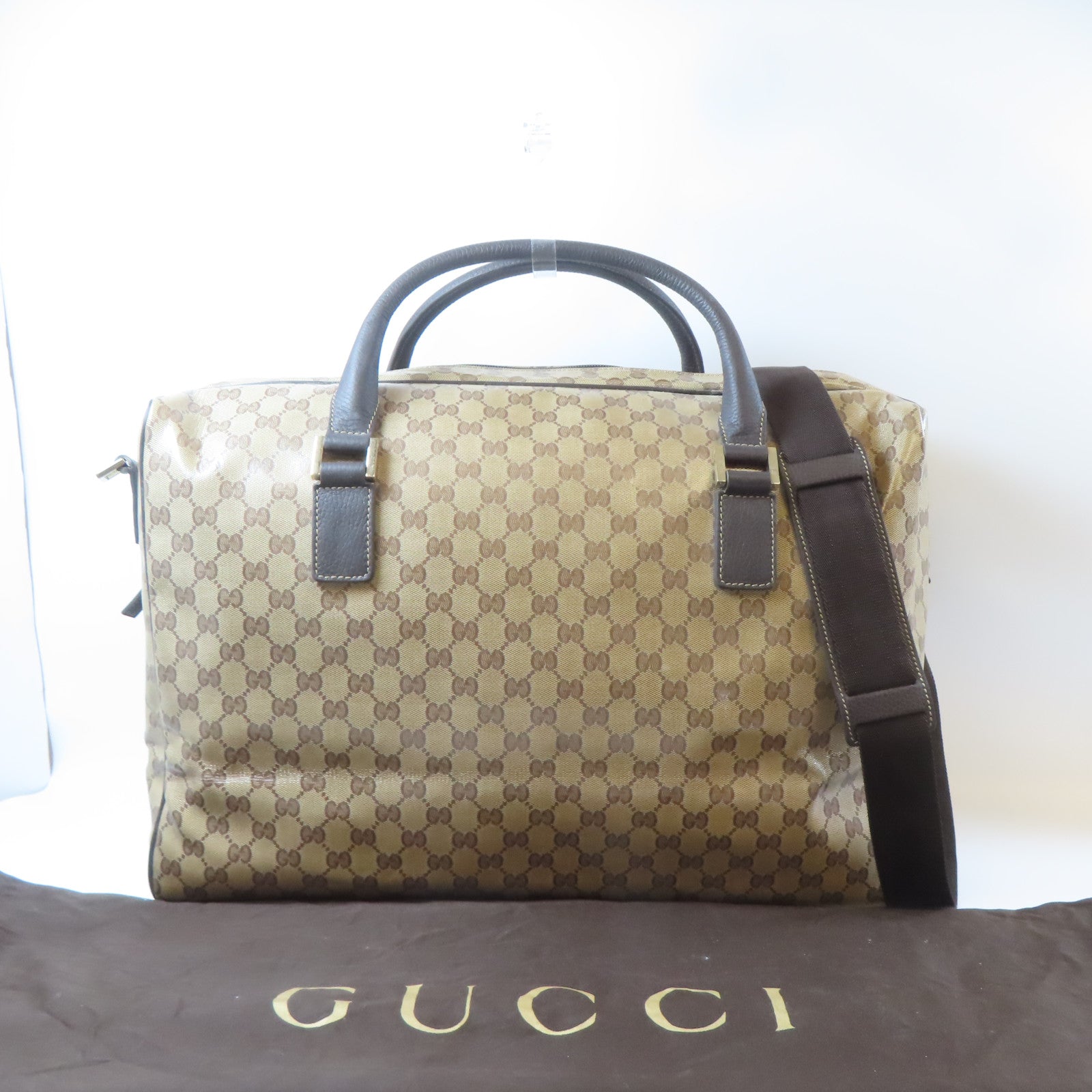 GUCCI 塗層帆布2 Way Shoulder Bag金扣手挽肩背兩用袋啡色