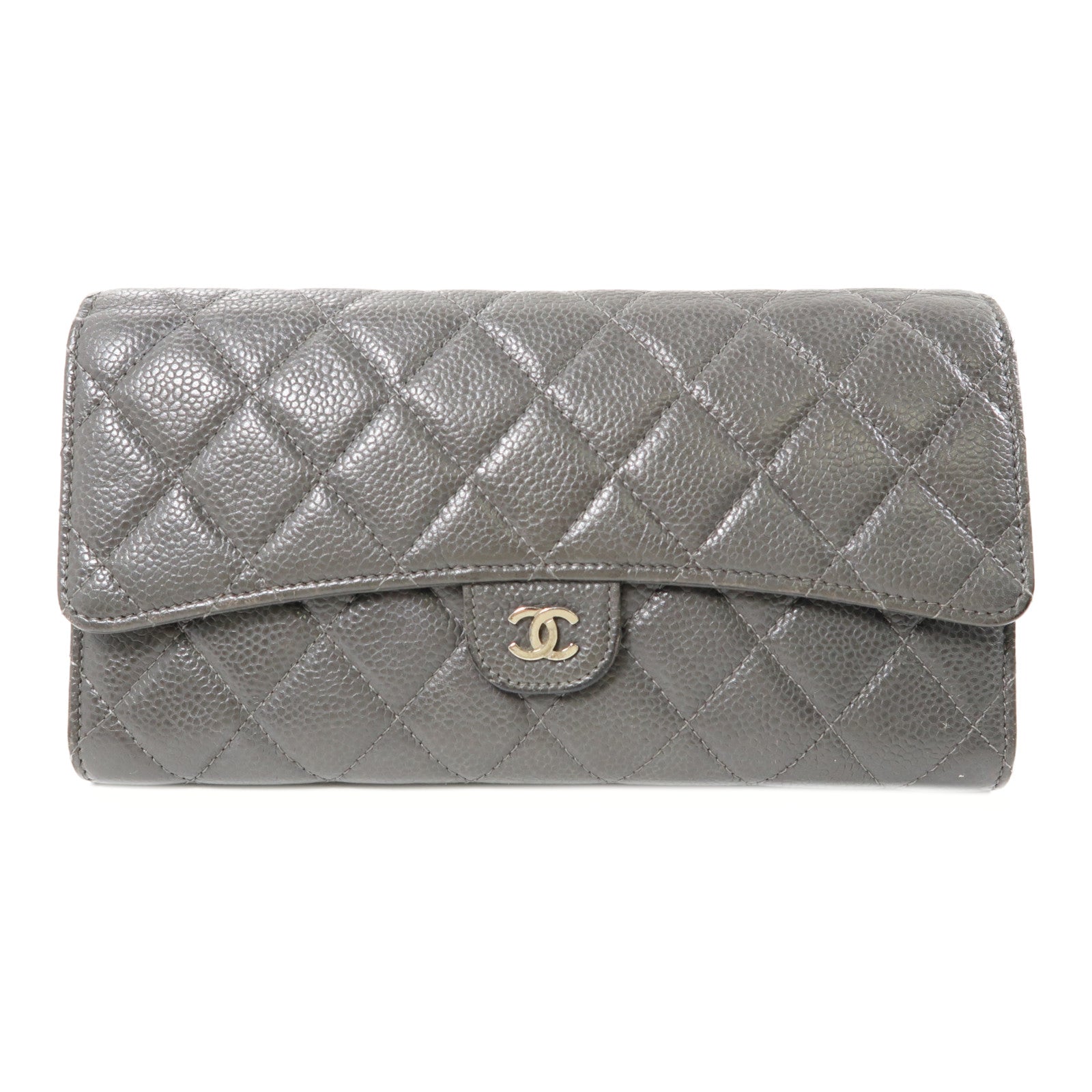 CHANEL 牛皮皮革Long Wallet銀扣長錢包灰色