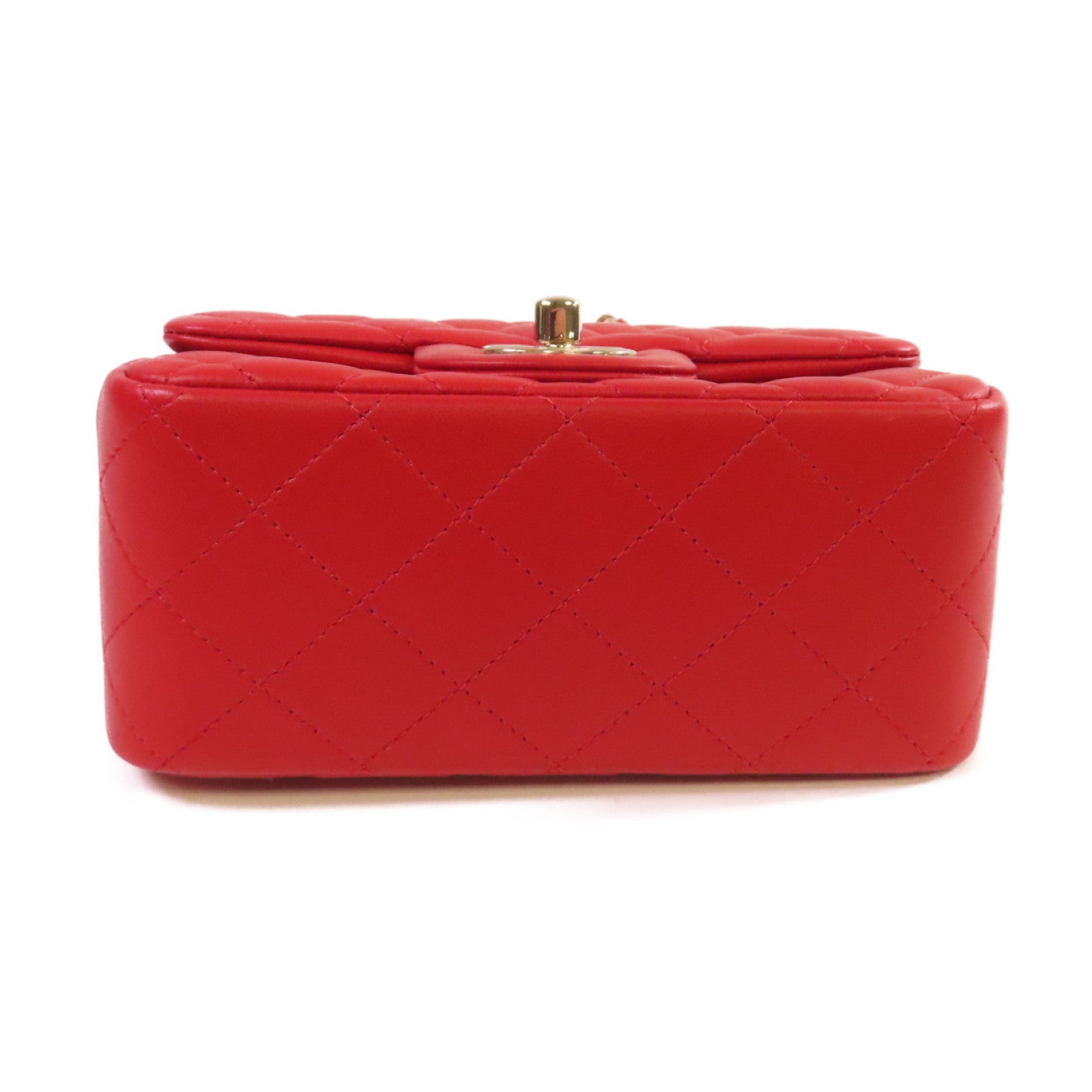 CHANEL 菱格羊皮皮革Classic Mini Square Chain Shoulder Bag金扣鏈帶肩背袋紅色