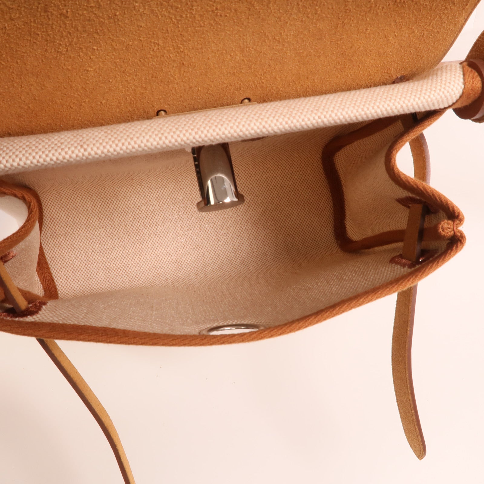 HERMES Toile H帆布Mini Herbag銀扣肩背袋Beige/Fauve