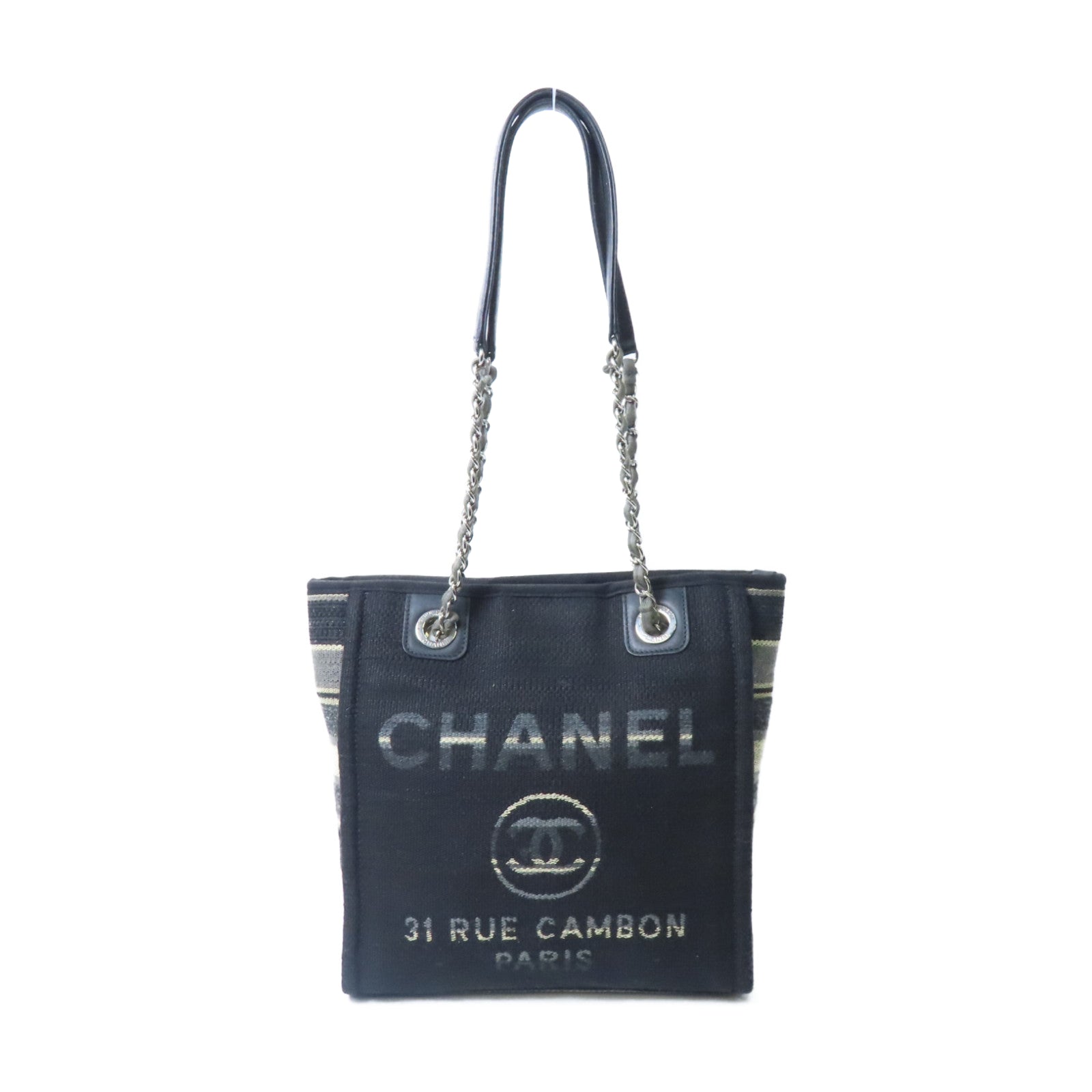 CHANEL 帆布Deauville Tote銀扣鏈帶手挽袋黑色/灰色