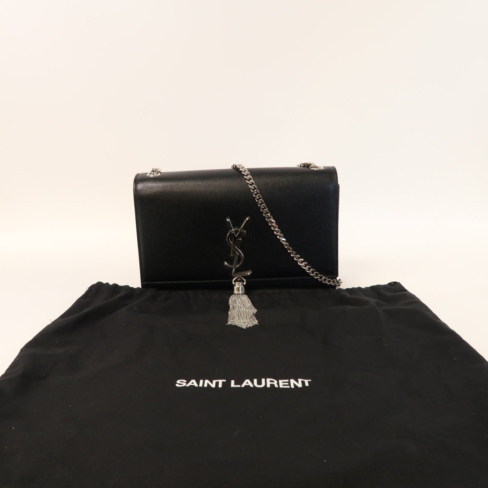 YVES SAINT LAURENT 牛皮皮革Kate銀扣鏈帶肩背袋黑色