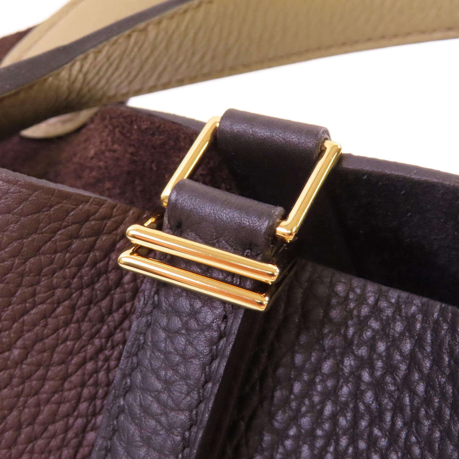 HERMES Clemence皮革Picotin PM Tote Bag金扣手挽袋黑色/黑檀木色/馬爾法米色